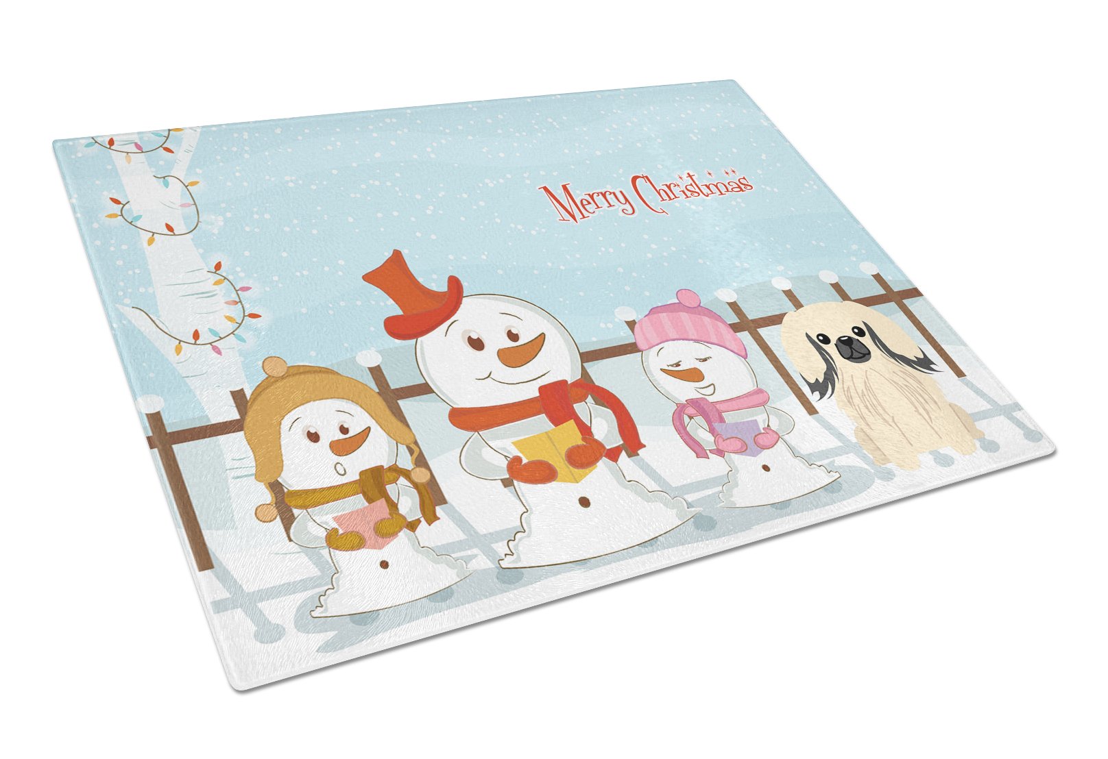 Merry Christmas Carolers Pekingese Cream Cutting Board Tempered Glass Kitchen Cutting Surface, Heat Resistant Chopping, Non-Slip Feet, Food Prep & Serving