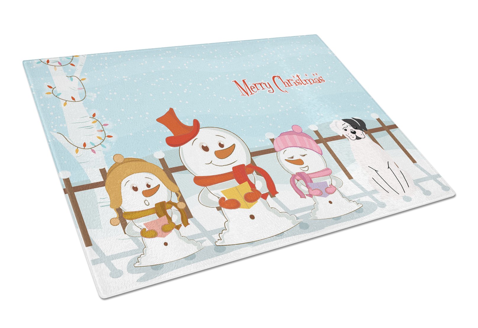 Merry Christmas Carolers White Boxer Cooper Cutting Board Tempered Glass Kitchen Cutting Surface, Heat Resistant Chopping, Non-Slip Feet, Food Prep & Serving