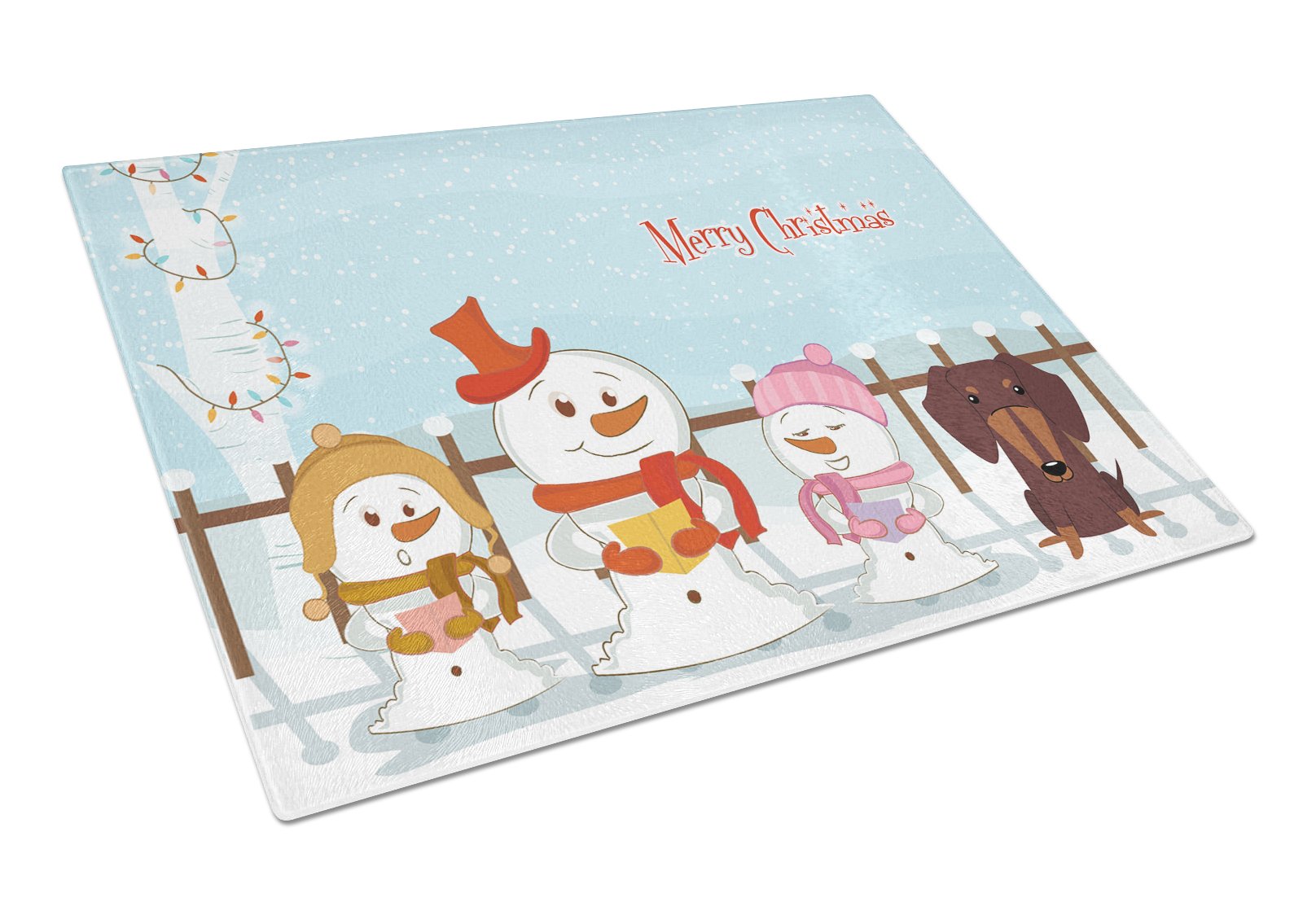 Merry Christmas Carolers Dachshund Chocolate Cutting Board Tempered Glass Kitchen Cutting Surface, Heat Resistant Chopping, Non-Slip Feet, Food Prep & Serving
