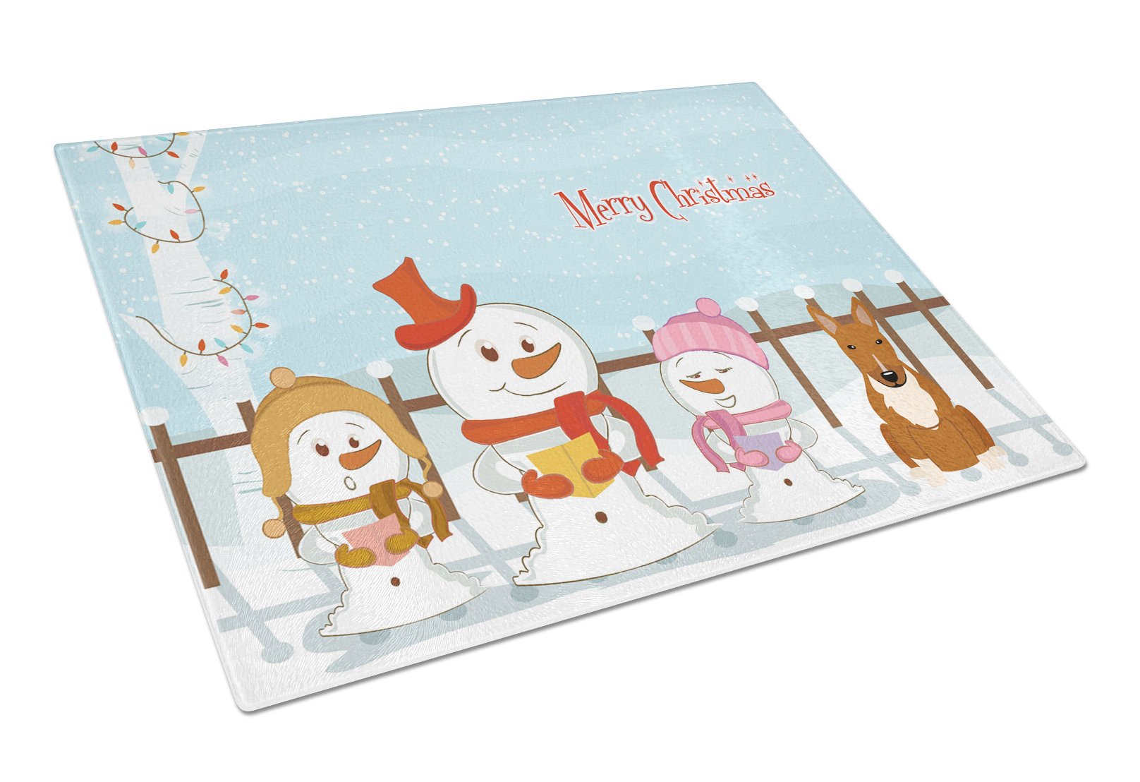 Merry Christmas Carolers Bull Terrier Red Cutting Board Tempered Glass Kitchen Cutting Surface, Heat Resistant Chopping, Non-Slip Feet, Food Prep & Serving