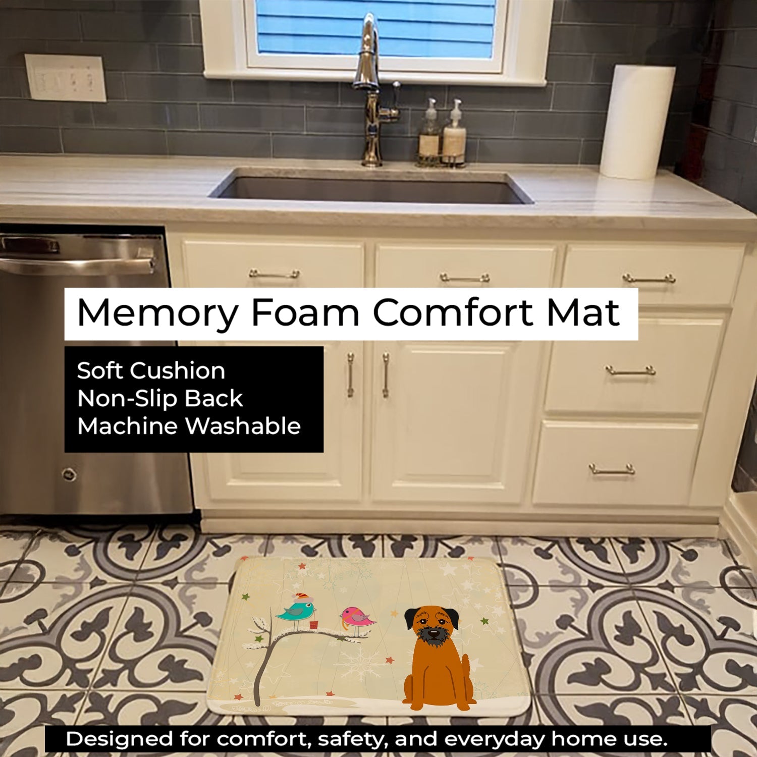 Christmas Presents between Friends Border Terrier Memory Foam Kitchen Mat Machine Washable Anti-Fatigue Cushion Comfort Bath or Kitchen Rug