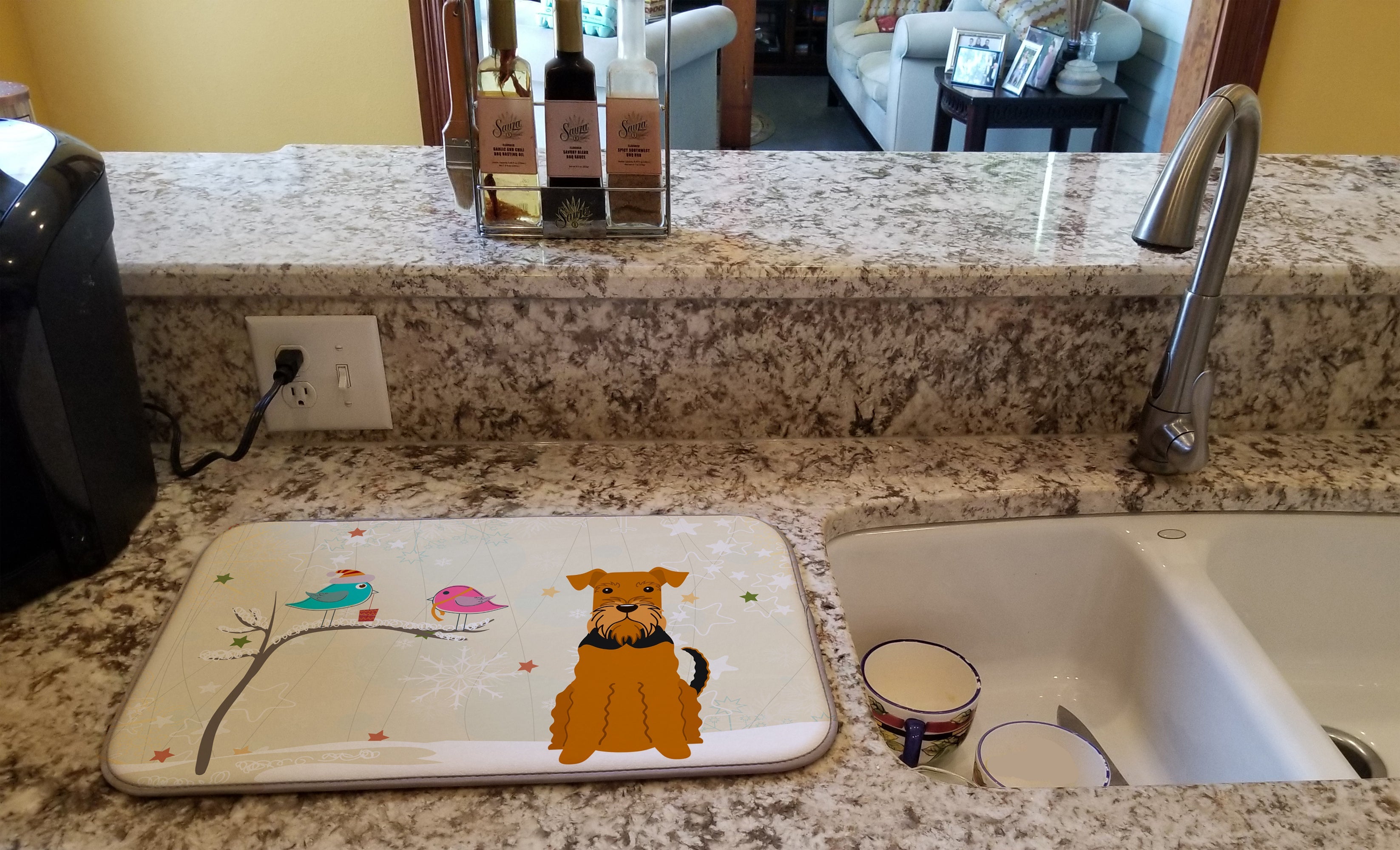Christmas Presents between Friends Airedale Terrier Dish Drying Mat Absorbent Dish Drying Mat Pad for Kitchen Counter Dish Drainer Mat for Countertop, 14 x 21", Multicolor