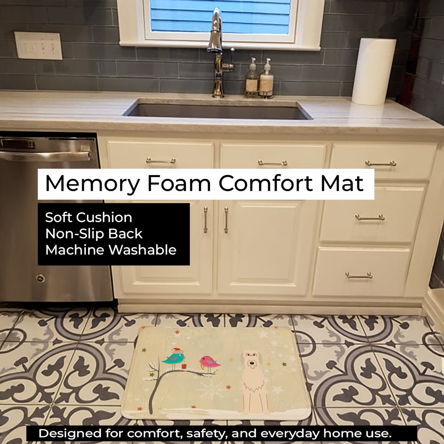 Christmas Presents between Friends Irish Wolfhound Memory Foam Kitchen Mat Machine Washable Anti-Fatigue Cushion Comfort Bath or Kitchen Rug