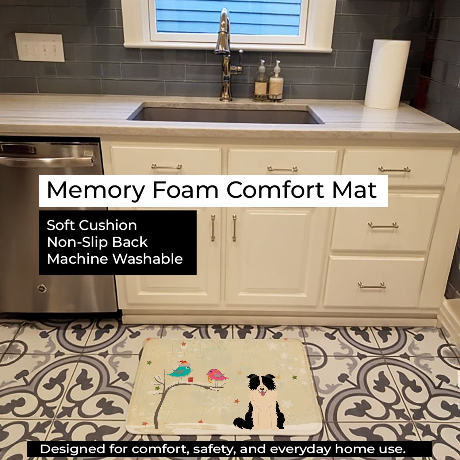 Christmas Presents between Friends Border Collie - Black and White Memory Foam Kitchen Mat Machine Washable Anti-Fatigue Cushion Comfort Bath or Kitchen Rug