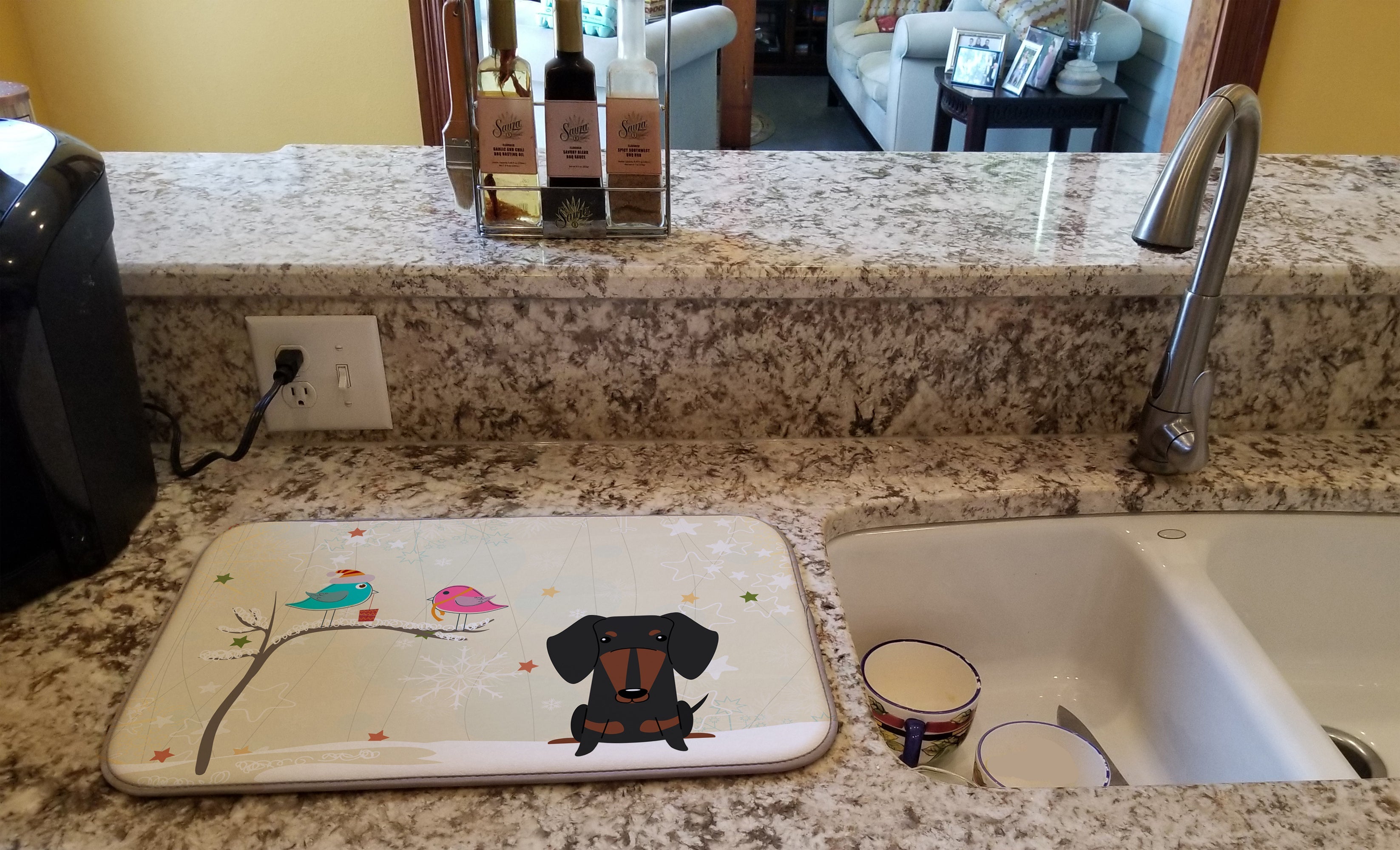Christmas Presents between Friends Dachshund - Black and Tan Dish Drying Mat Absorbent Dish Drying Mat Pad for Kitchen Counter Dish Drainer Mat for Countertop, 14 x 21", Multicolor