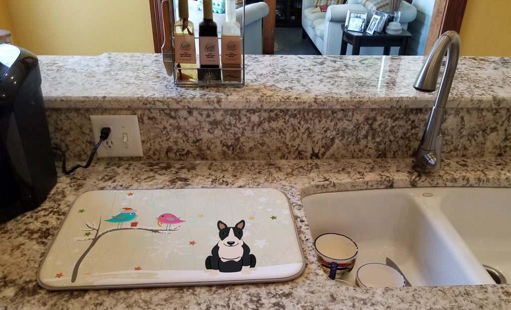 Christmas Presents between Friends Bull Terrier - Black and White Dish Drying Mat Absorbent Dish Drying Mat Pad for Kitchen Counter Dish Drainer Mat for Countertop, 14 x 21", Multicolor
