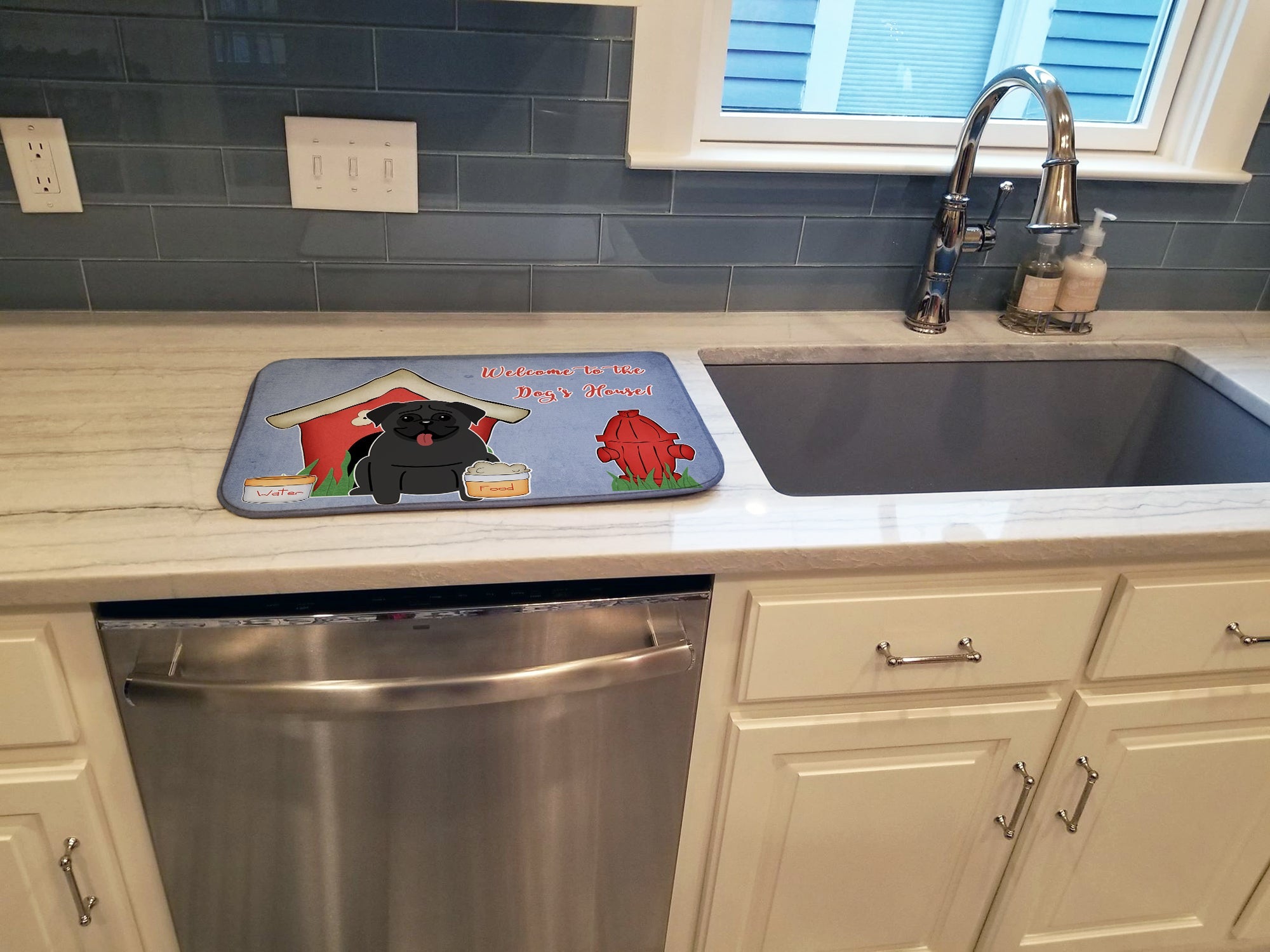 Dog House Collection Pug Black Dish Drying Mat Absorbent Dish Drying Mat Pad for Kitchen Counter Dish Drainer Mat for Countertop, 14 x 21", Multicolor