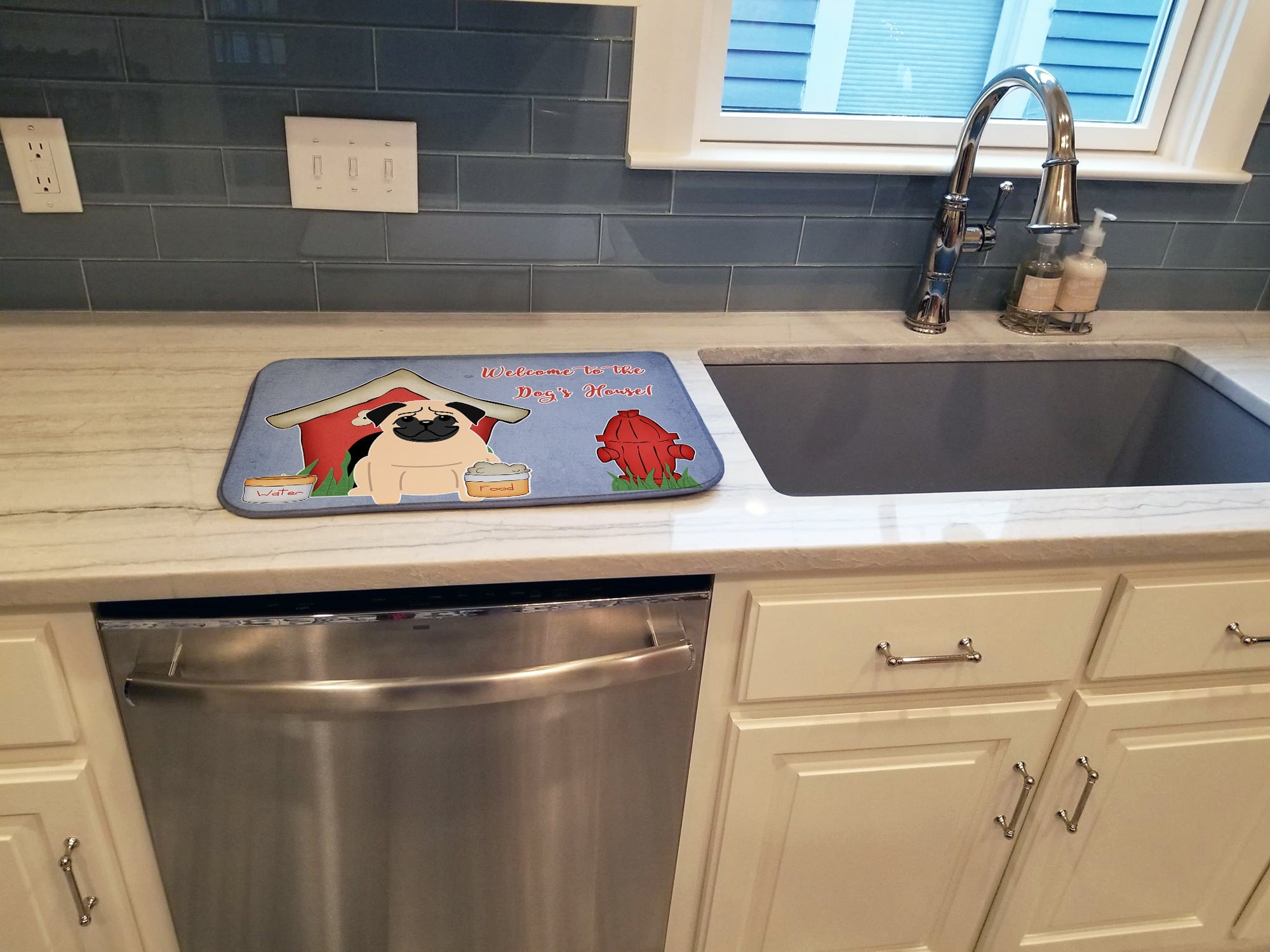 Dog House Collection Pug Fawn Dish Drying Mat Absorbent Dish Drying Mat Pad for Kitchen Counter Dish Drainer Mat for Countertop, 14 x 21", Multicolor
