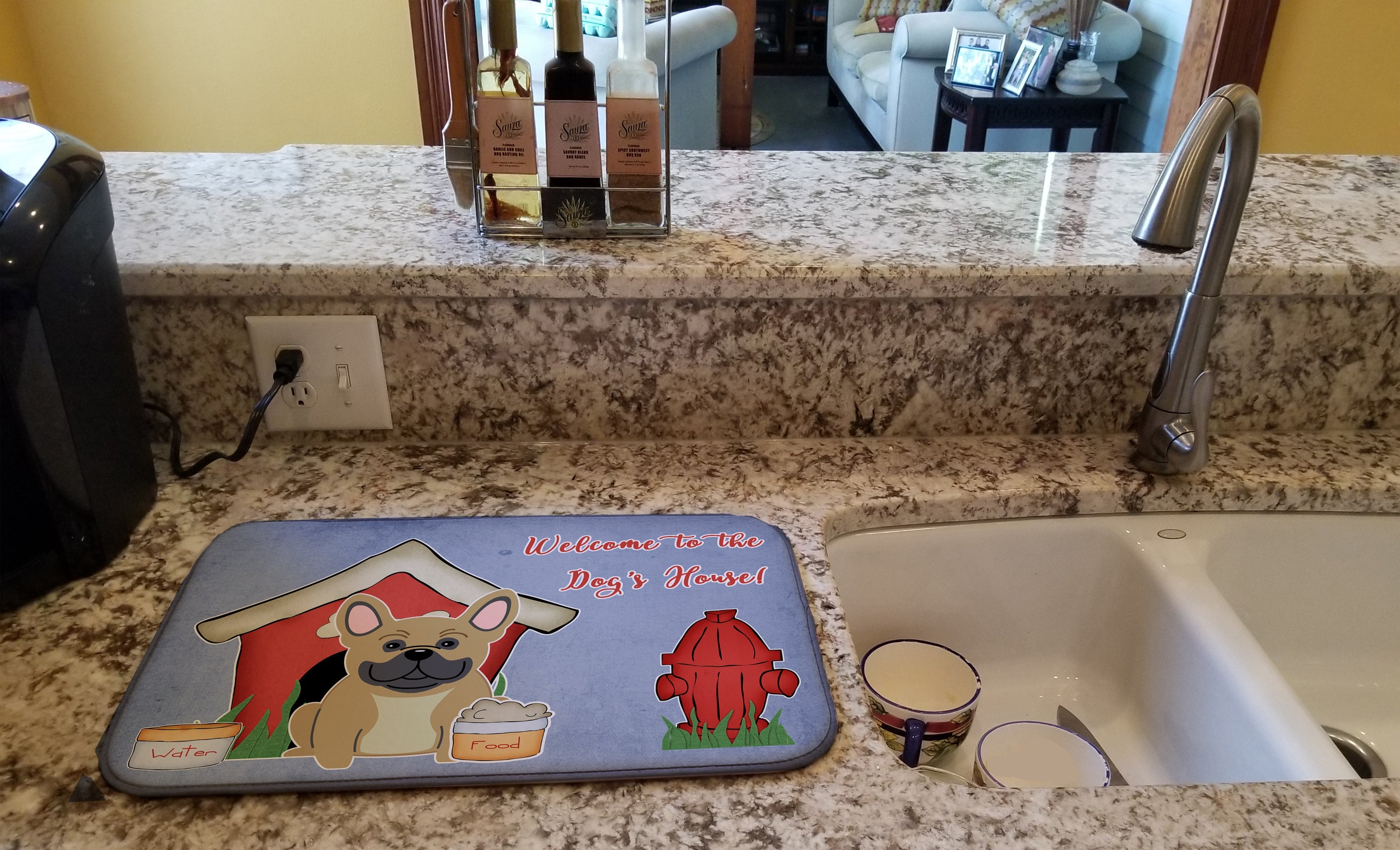 Dog House Collection French Bulldog Cream Dish Drying Mat Absorbent Dish Drying Mat Pad for Kitchen Counter Dish Drainer Mat for Countertop, 14 x 21", Multicolor