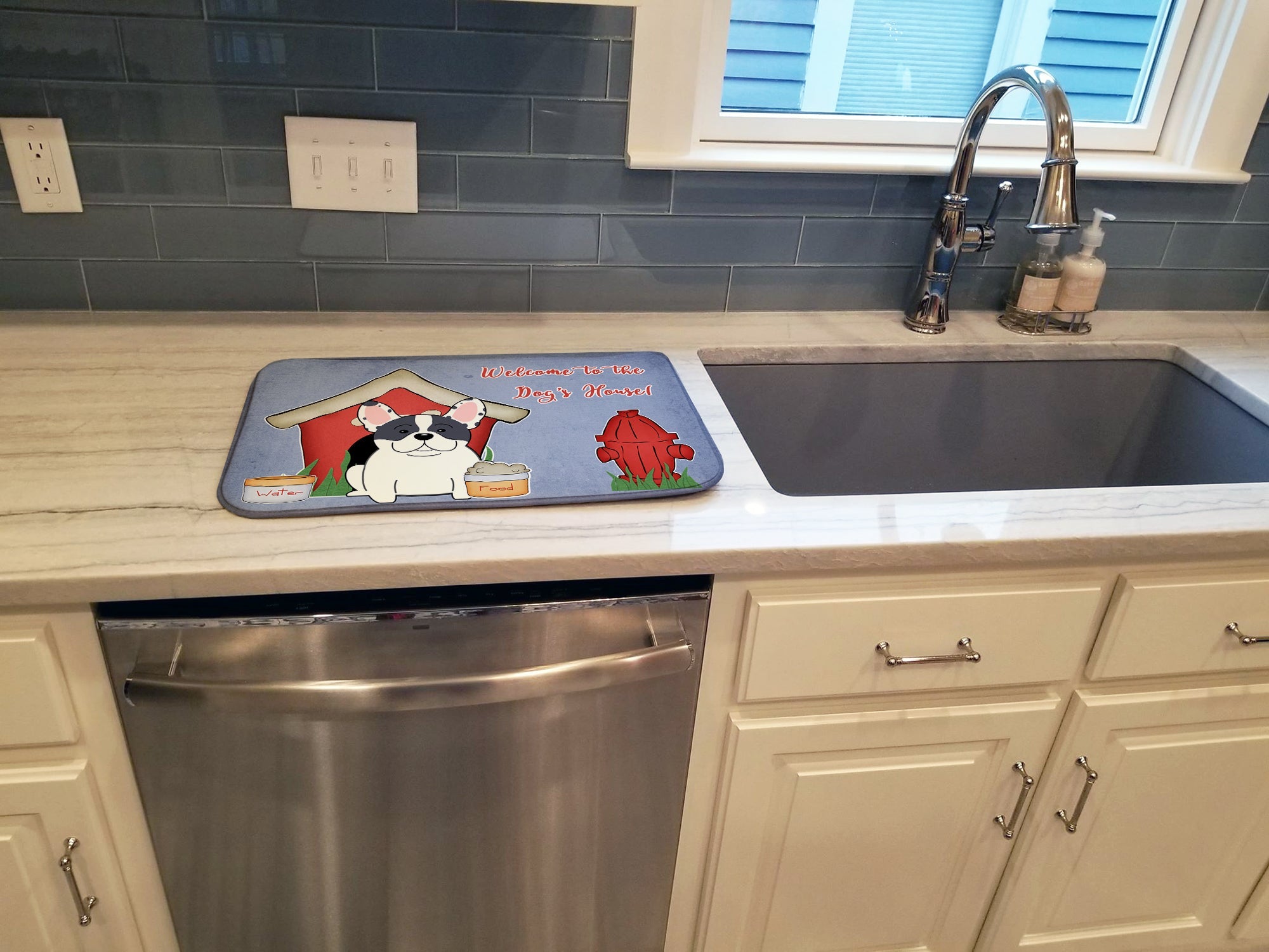 Dog House Collection French Bulldog Piebald Dish Drying Mat Absorbent Dish Drying Mat Pad for Kitchen Counter Dish Drainer Mat for Countertop, 14 x 21", Multicolor