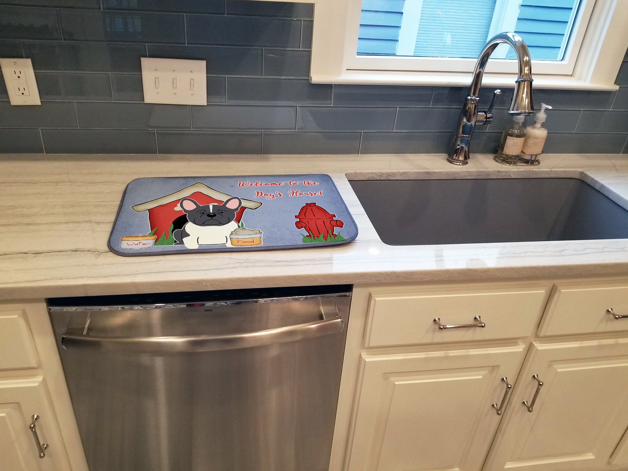 Dog House Collection French Bulldog Black White Dish Drying Mat Absorbent Dish Drying Mat Pad for Kitchen Counter Dish Drainer Mat for Countertop, 14 x 21", Multicolor