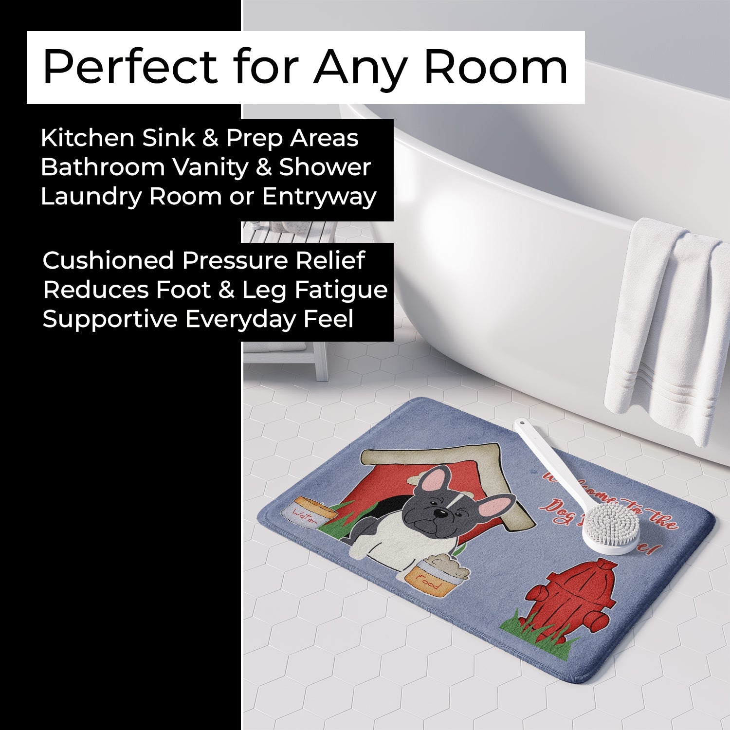 Dog House Collection French Bulldog Black White Memory Foam Kitchen Mat Machine Washable Anti-Fatigue Cushion Comfort Bath or Kitchen Rug