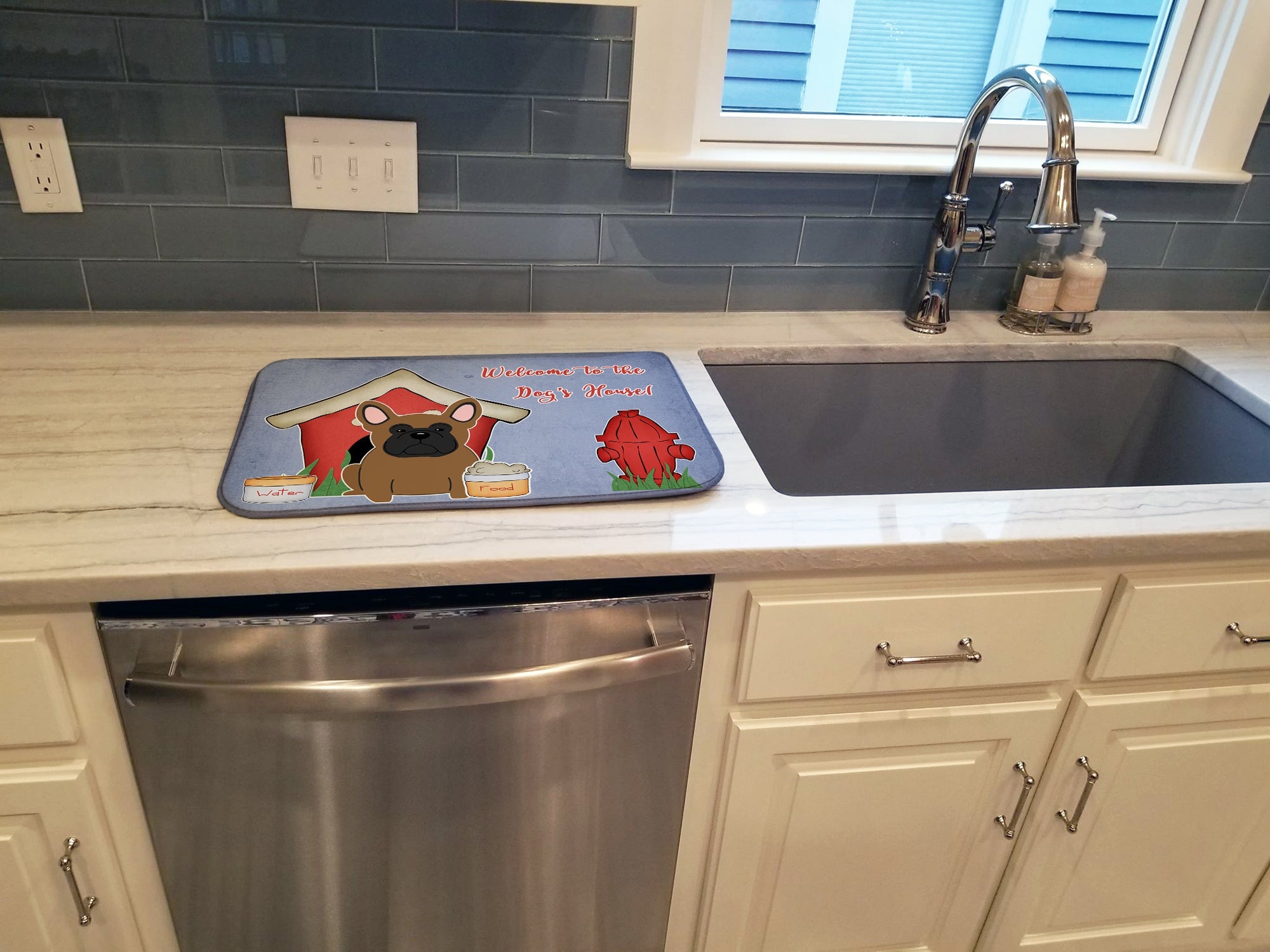 Dog House Collection French Bulldog Brown Dish Drying Mat Absorbent Dish Drying Mat Pad for Kitchen Counter Dish Drainer Mat for Countertop, 14 x 21", Multicolor