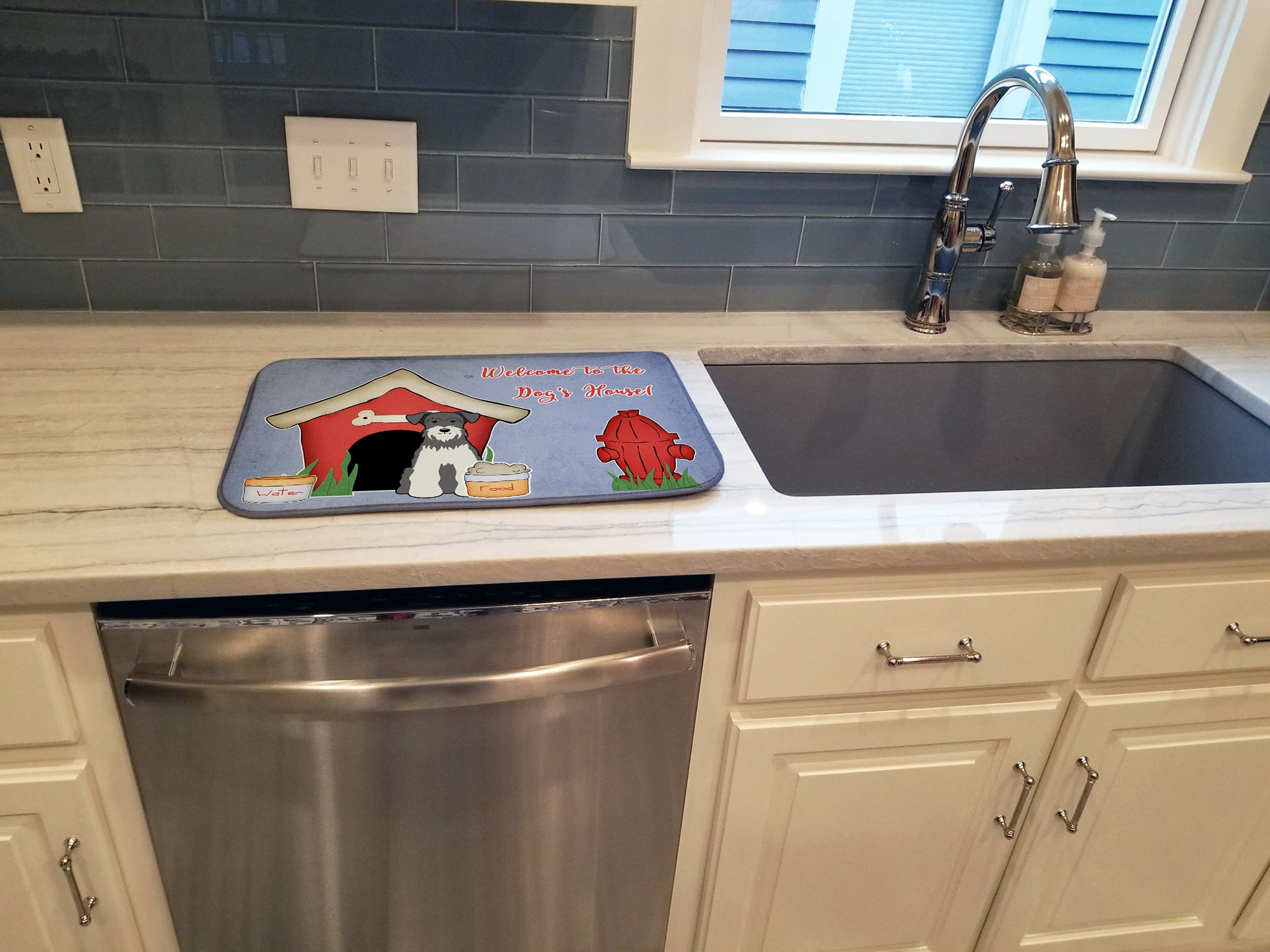 Dog House Collection Miniature Schnauzer Salt and Pepper Dish Drying Mat Absorbent Dish Drying Mat Pad for Kitchen Counter Dish Drainer Mat for Countertop, 14 x 21", Multicolor