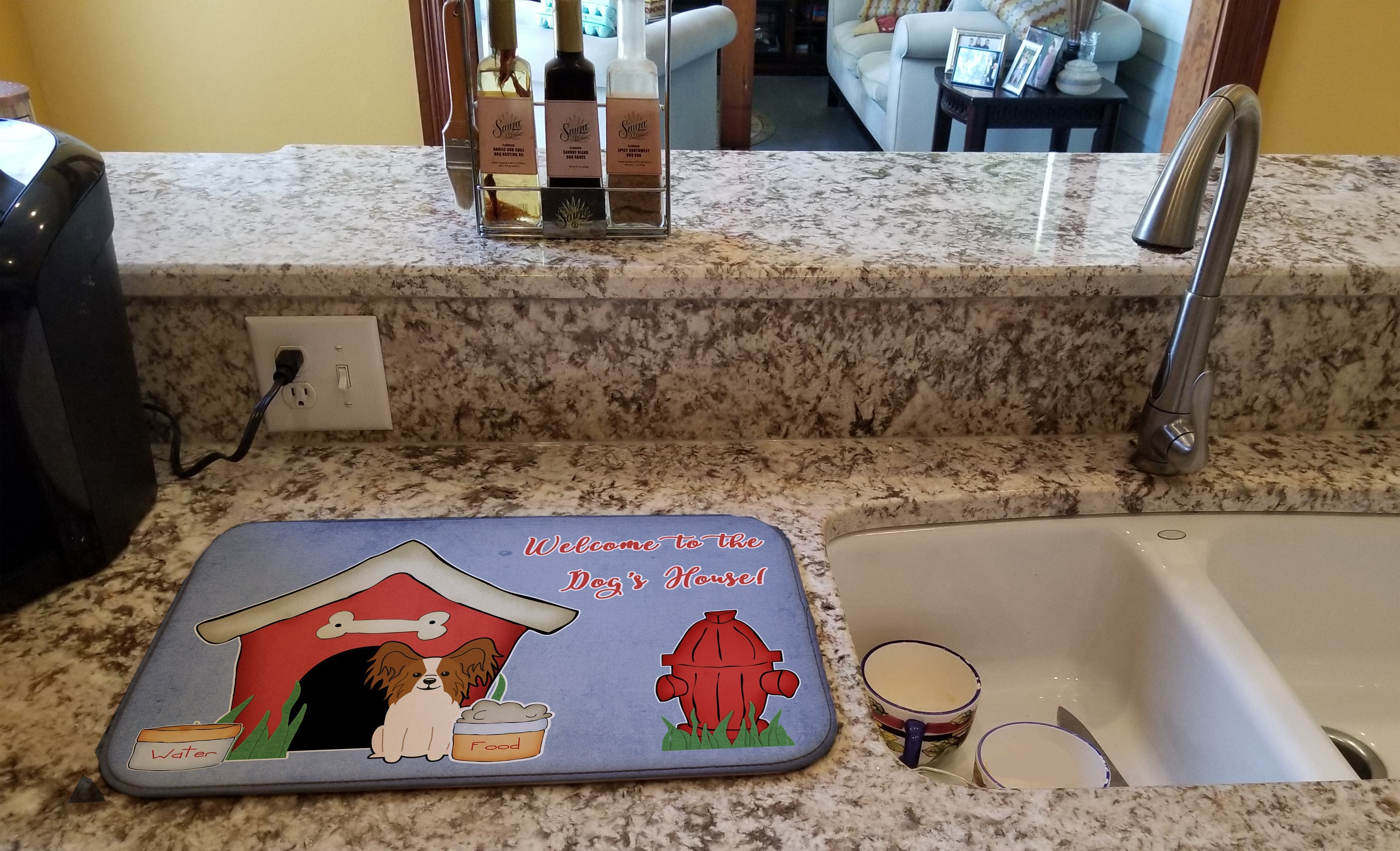 Dog House Collection Papillon Red White Dish Drying Mat Absorbent Dish Drying Mat Pad for Kitchen Counter Dish Drainer Mat for Countertop, 14 x 21", Multicolor