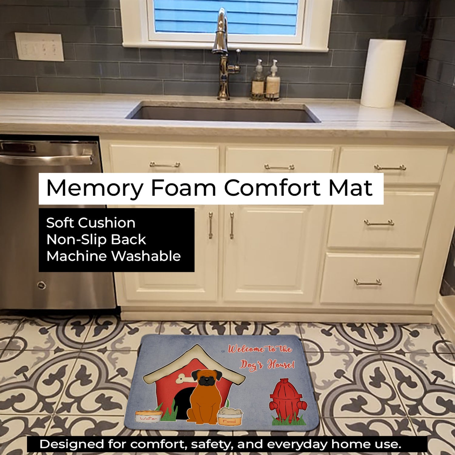 Dog House Collection Fawn Boxer Memory Foam Kitchen Mat Machine Washable Anti-Fatigue Cushion Comfort Bath or Kitchen Rug