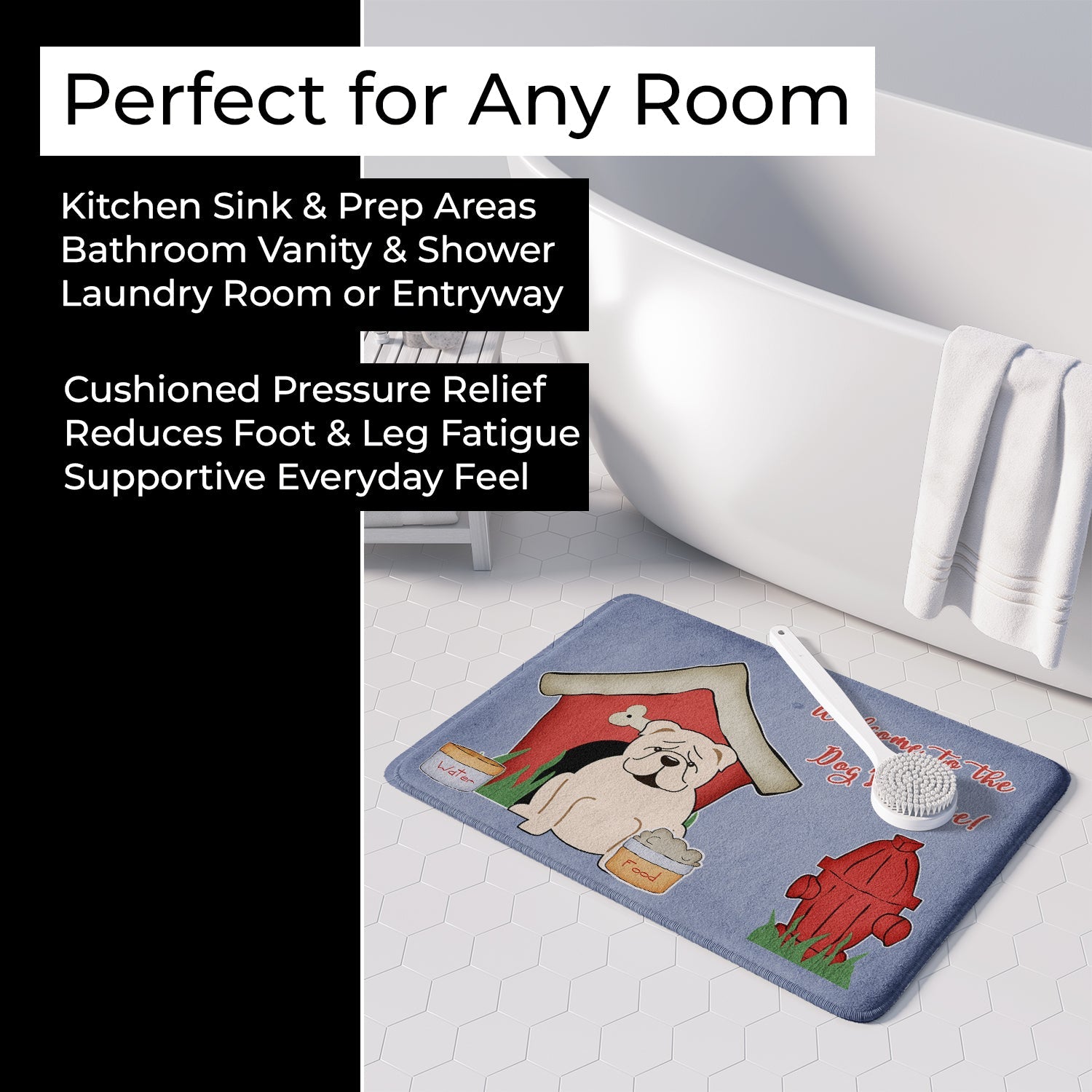 Dog House Collection English Bulldog White Memory Foam Kitchen Mat Machine Washable Anti-Fatigue Cushion Comfort Bath or Kitchen Rug