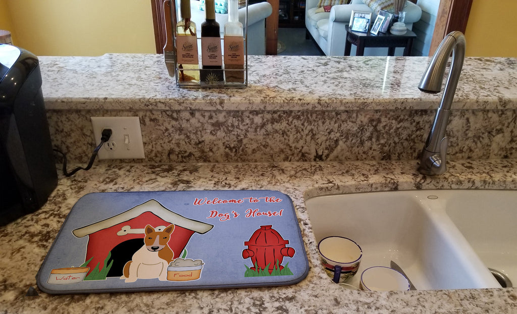 Dog House Collection Bull Terrier Red White Dish Drying Mat Absorbent Dish Drying Mat Pad for Kitchen Counter Dish Drainer Mat for Countertop, 14 x 21", Multicolor