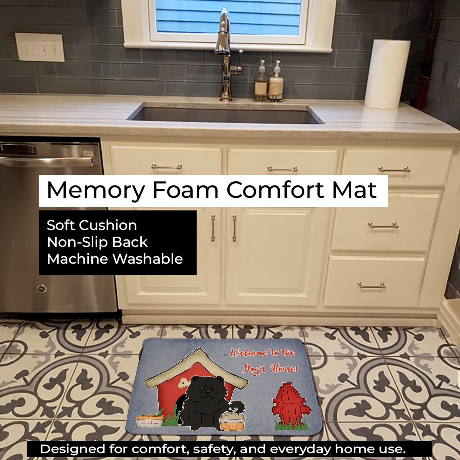 Dog House Collection Chow Chow Black Memory Foam Kitchen Mat Machine Washable Anti-Fatigue Cushion Comfort Bath or Kitchen Rug
