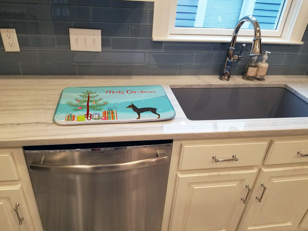 Toy Fox Terrier Merry Christmas Tree Dish Drying Mat Absorbent Dish Drying Mat Pad for Kitchen Counter Dish Drainer Mat for Countertop, 14 x 21", Multicolor