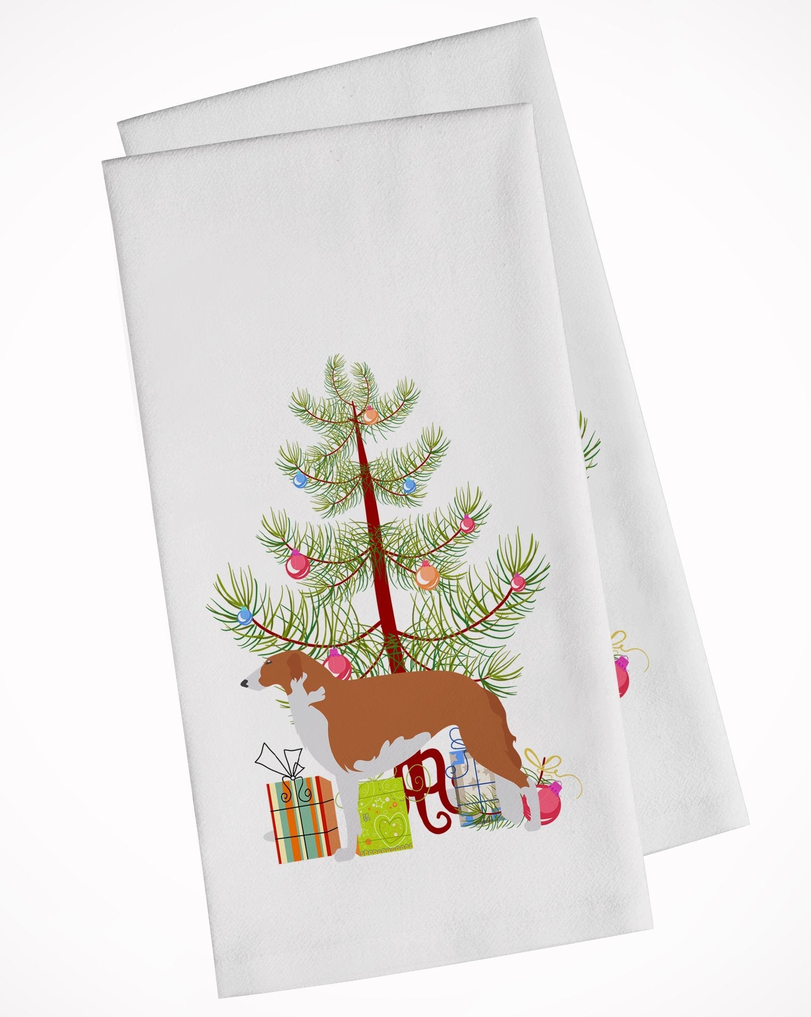 Borzoi Russian Greyhound Merry Christmas Tree Kitchen Towel Set of 2 White Dish Towels Decorative Bathroom Hand towel for Hand, Face, Hair, Yoga, Tea, Dishcloth, 19 X 28", White