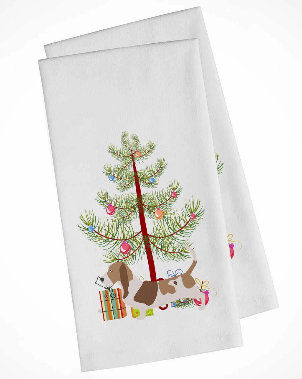 Basset Hound Merry Christmas Tree Kitchen Towel Set of 2 White Dish Towels Decorative Bathroom Hand towel for Hand, Face, Hair, Yoga, Tea, Dishcloth, 19 X 28", White