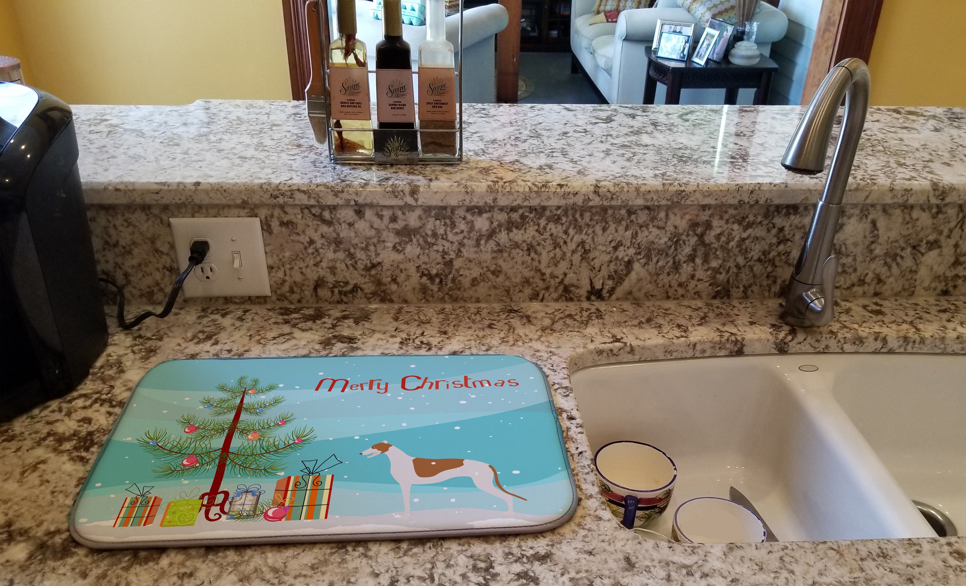 Greyhound Merry Christmas Tree Dish Drying Mat Absorbent Dish Drying Mat Pad for Kitchen Counter Dish Drainer Mat for Countertop, 14 x 21", Multicolor