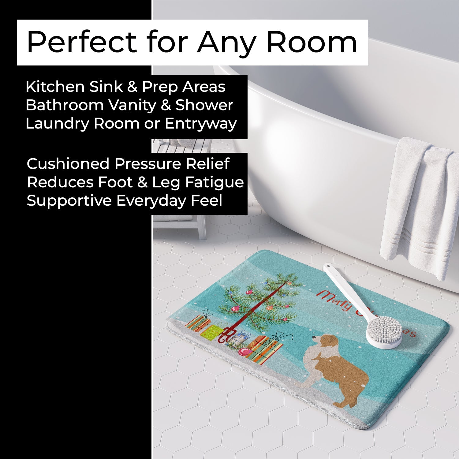 Red Border Collie Merry Christmas Tree Memory Foam Kitchen Mat Machine Washable Anti-Fatigue Cushion Comfort Bath or Kitchen Rug