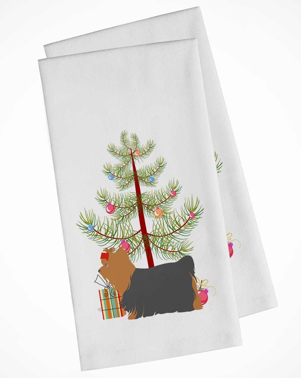 Yorkshire Terrier Yorkie Merry Christmas Tree Kitchen Towel Set of 2 White Dish Towels Decorative Bathroom Hand towel for Hand, Face, Hair, Yoga, Tea, Dishcloth, 19 X 28", White