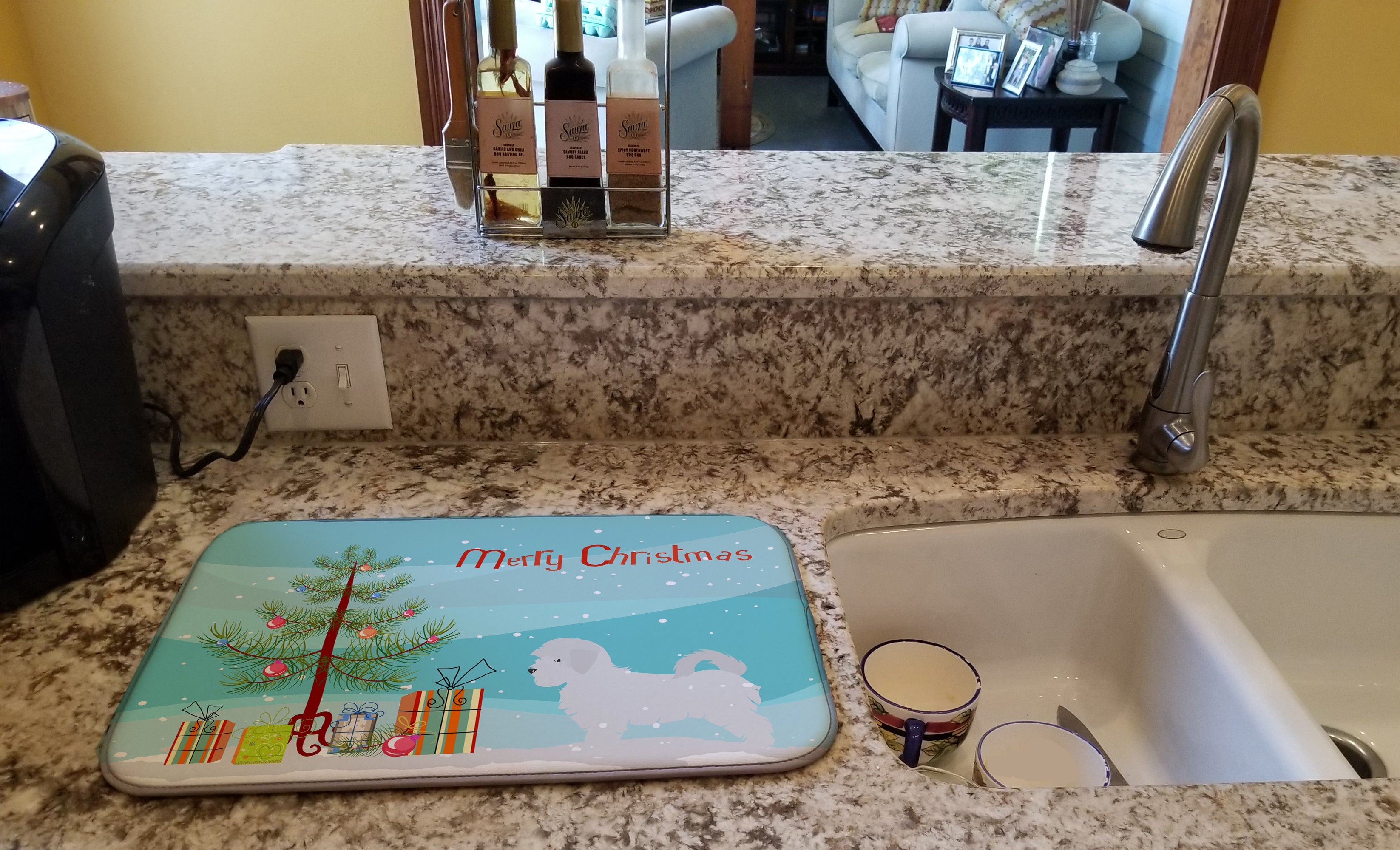 Maltese Merry Christmas Tree Dish Drying Mat Absorbent Dish Drying Mat Pad for Kitchen Counter Dish Drainer Mat for Countertop, 14 x 21", Multicolor