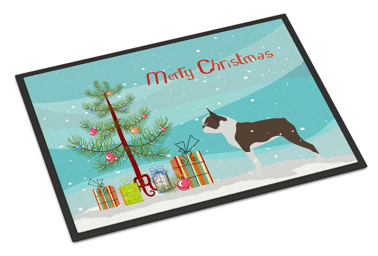 Boston Terrier Merry Christmas Tree Doormat Indoor Outdoor 24H X 36W Front Door Mat Rugs for Entryway, Non Slip Washable Low Pile,