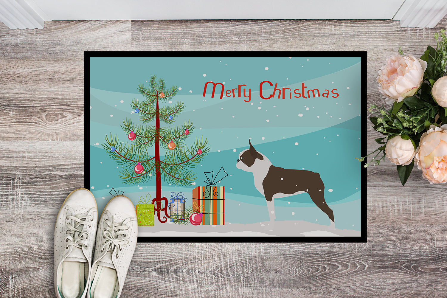 Boston Terrier Merry Christmas Tree Doormat Indoor Outdoor 24H X 36W Front Door Mat Rugs for Entryway, Non Slip Washable Low Pile,