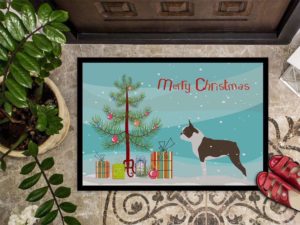 Boston Terrier Merry Christmas Tree Doormat Indoor Outdoor 24H X 36W Front Door Mat Rugs for Entryway, Non Slip Washable Low Pile,