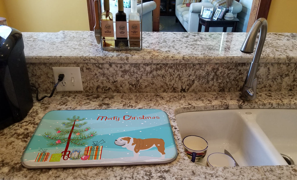 English Bulldog Merry Christmas Tree Dish Drying Mat Absorbent Dish Drying Mat Pad for Kitchen Counter Dish Drainer Mat for Countertop, 14 x 21", Multicolor