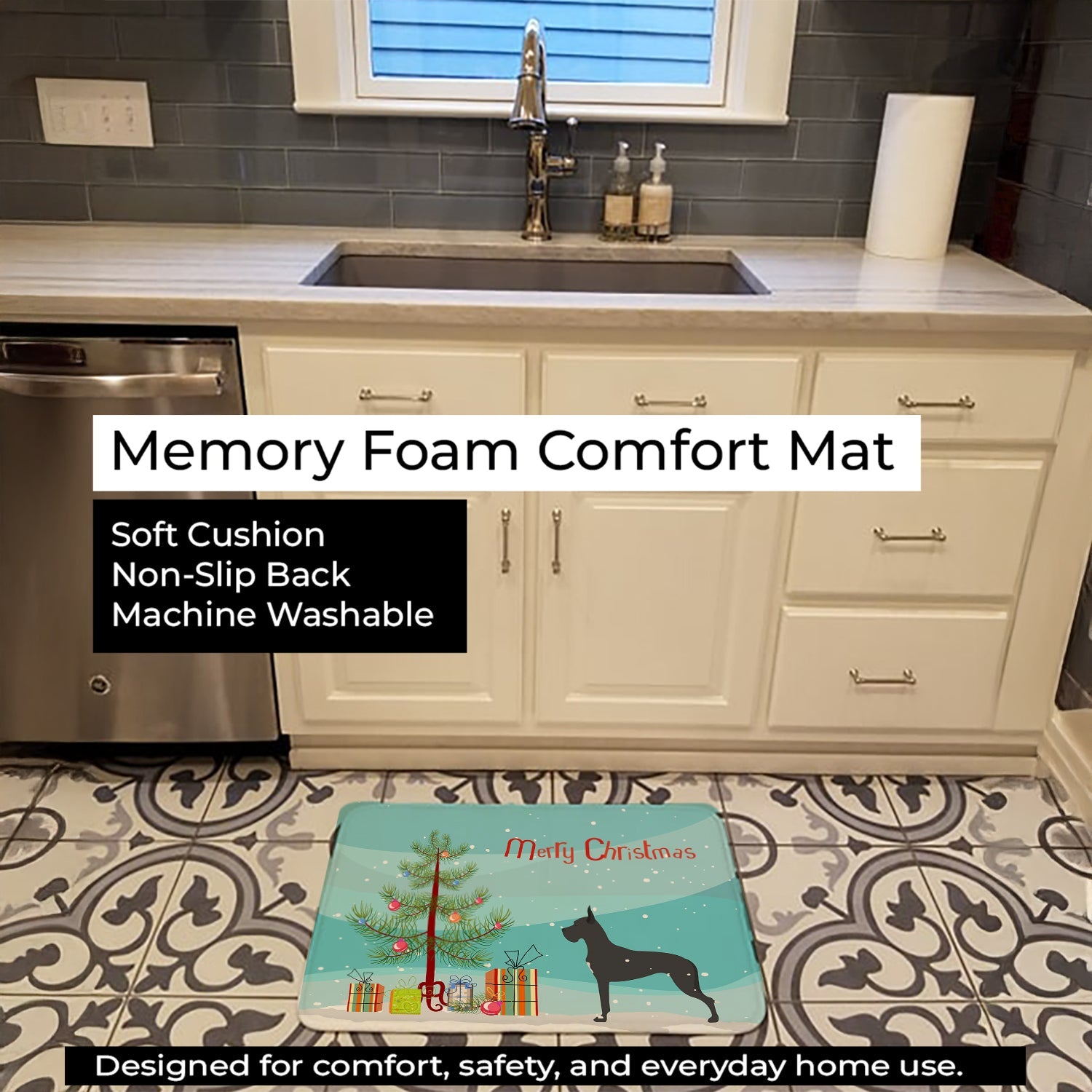 Great Dane Merry Christmas Tree Memory Foam Kitchen Mat Machine Washable Anti-Fatigue Cushion Comfort Bath or Kitchen Rug