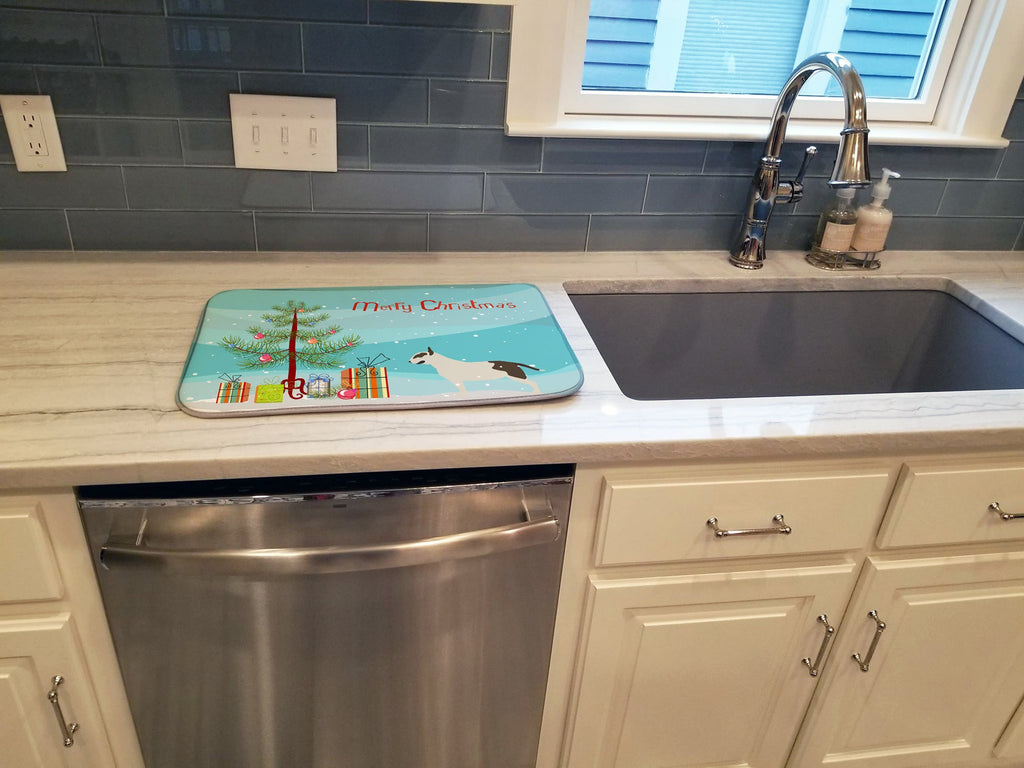 Bull Terrier Merry Christmas Tree Dish Drying Mat Absorbent Dish Drying Mat Pad for Kitchen Counter Dish Drainer Mat for Countertop, 14 x 21", Multicolor