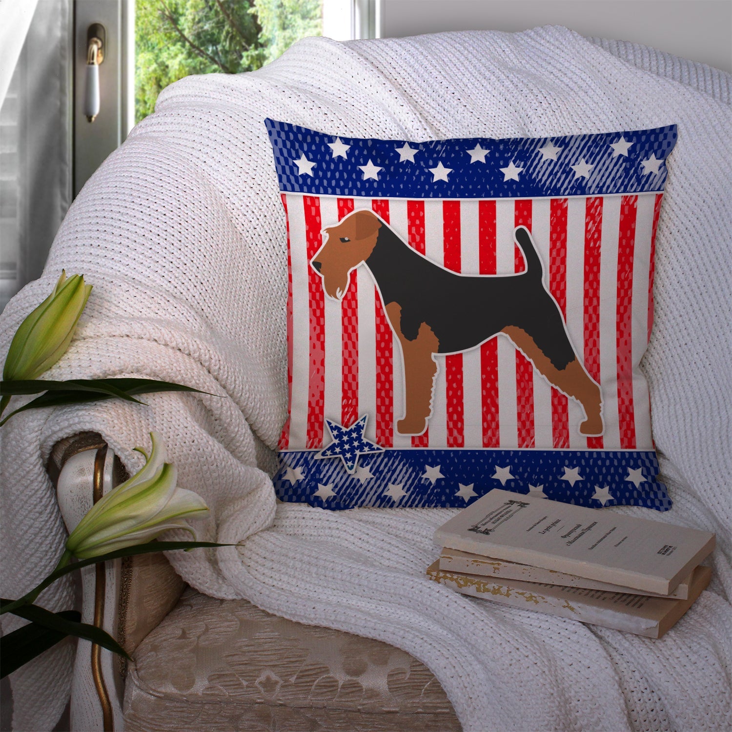 USA Patriotic Welsh Terrier Decorative Throw Pillow 14x14 Indoor Outdoor Accent Cushion, Fabric Cover with Insert for Sofa, Bed, Porch & Living Room