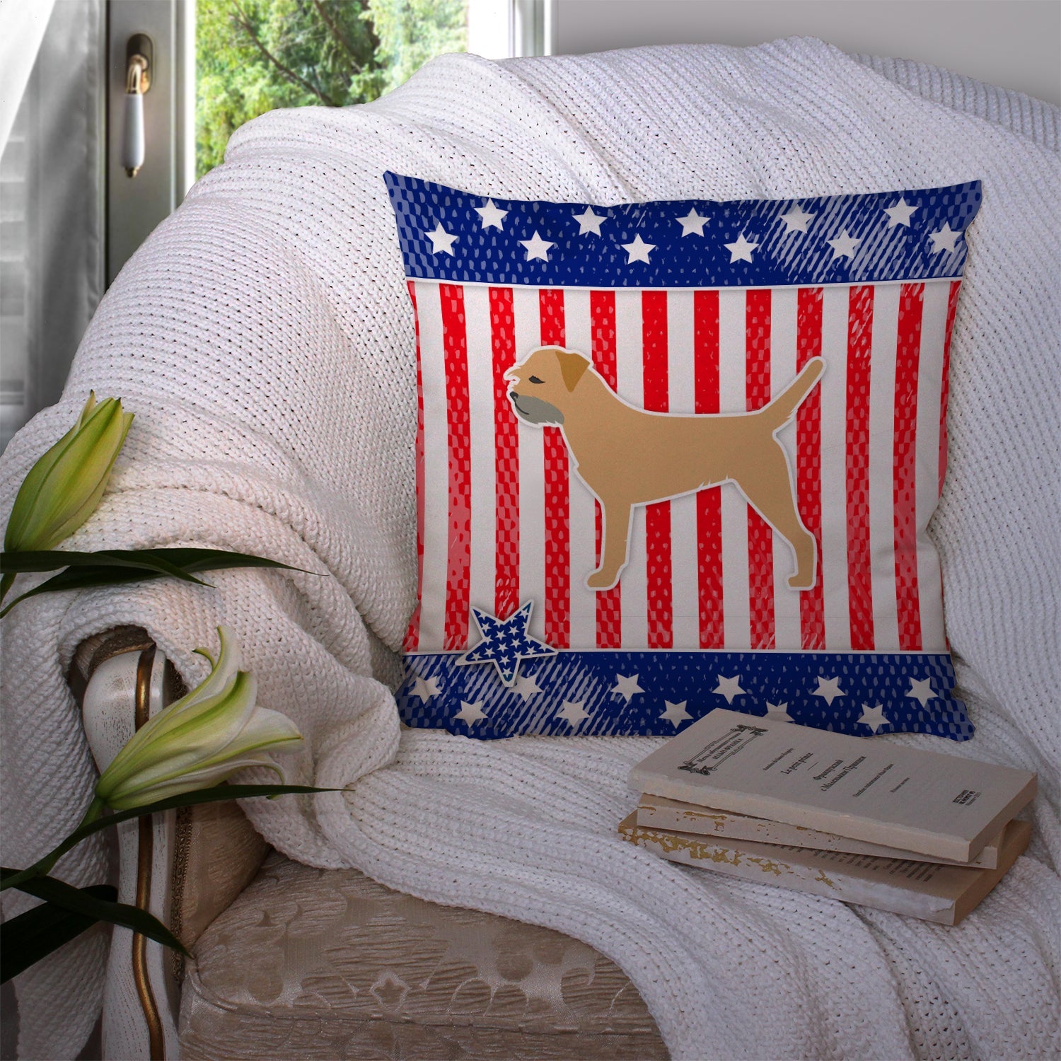 USA Patriotic Border Terrier Decorative Throw Pillow 14x14 Indoor Outdoor Accent Cushion, Fabric Cover with Insert for Sofa, Bed, Porch & Living Room