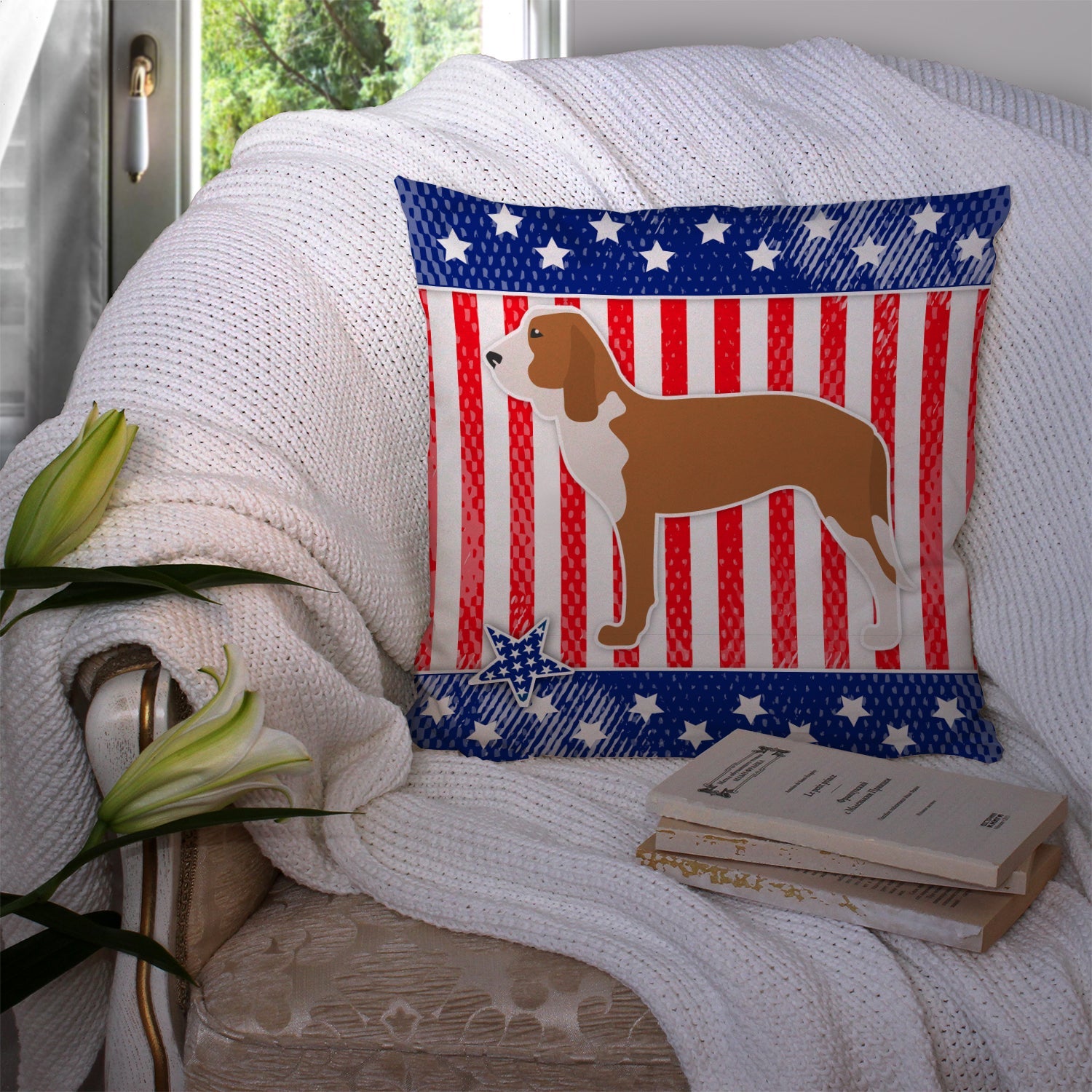 USA Patriotic Spanish Hound Decorative Throw Pillow 14x14 Indoor Outdoor Accent Cushion, Fabric Cover with Insert for Sofa, Bed, Porch & Living Room