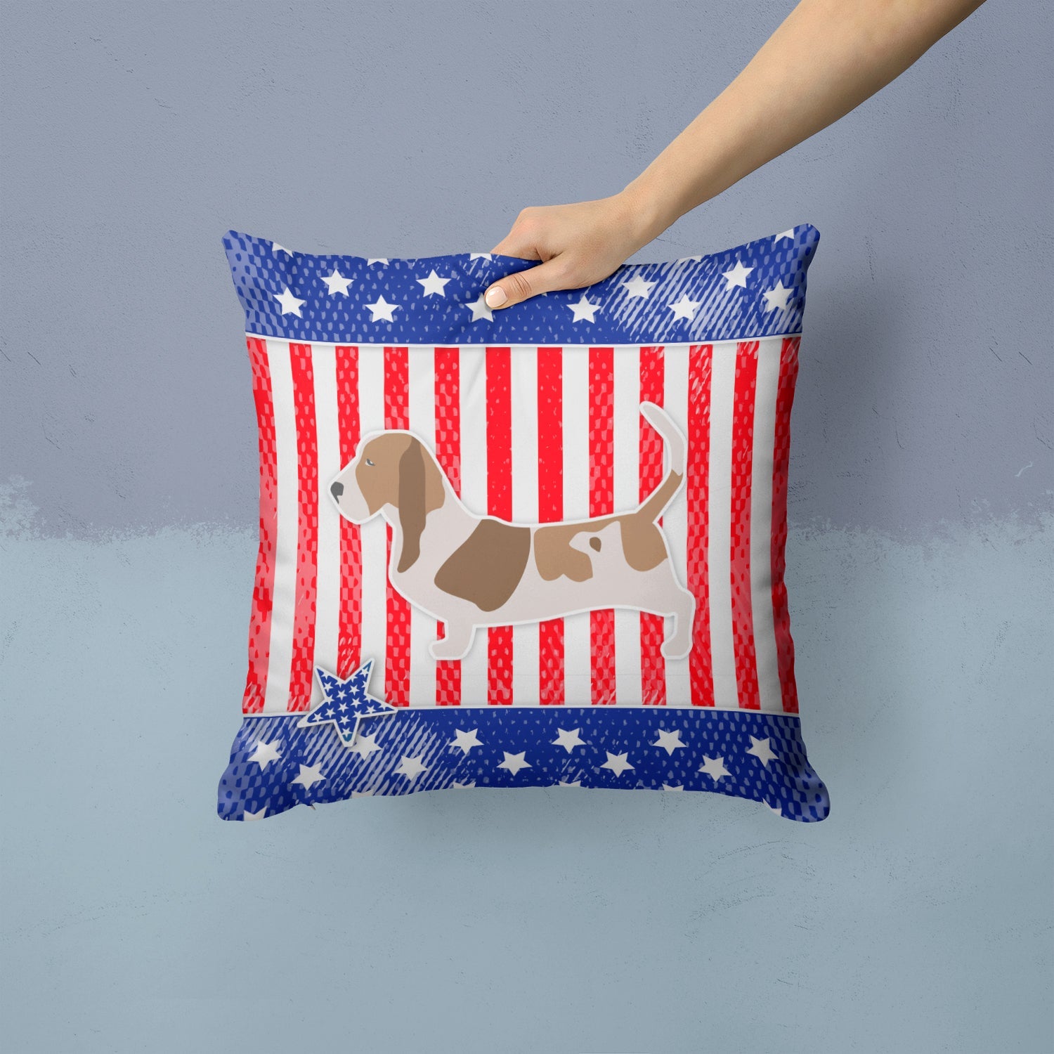 USA Patriotic Basset Hound Decorative Throw Pillow 14x14 Indoor Outdoor Accent Cushion, Fabric Cover with Insert for Sofa, Bed, Porch & Living Room