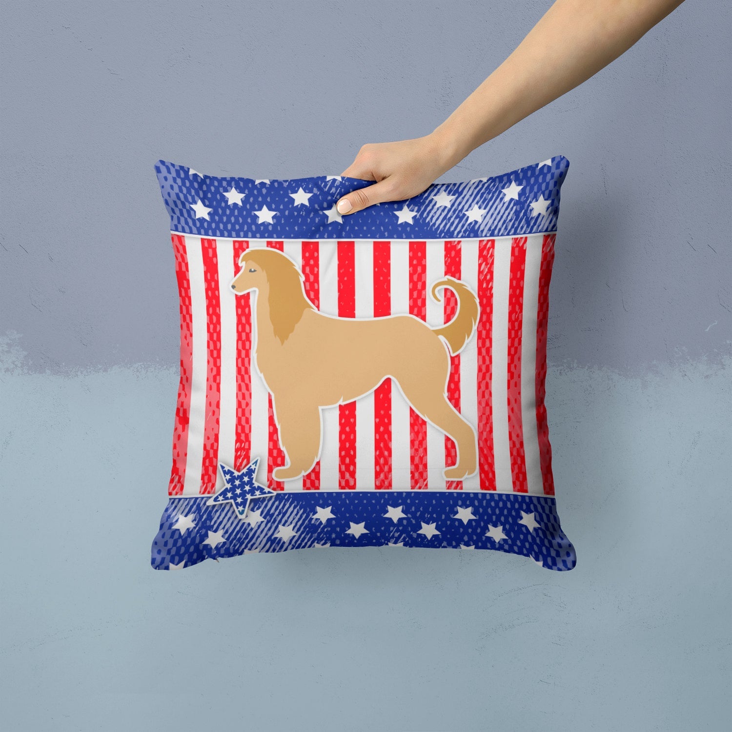 USA Patriotic Afghan Hound Decorative Throw Pillow 14x14 Indoor Outdoor Accent Cushion, Fabric Cover with Insert for Sofa, Bed, Porch & Living Room