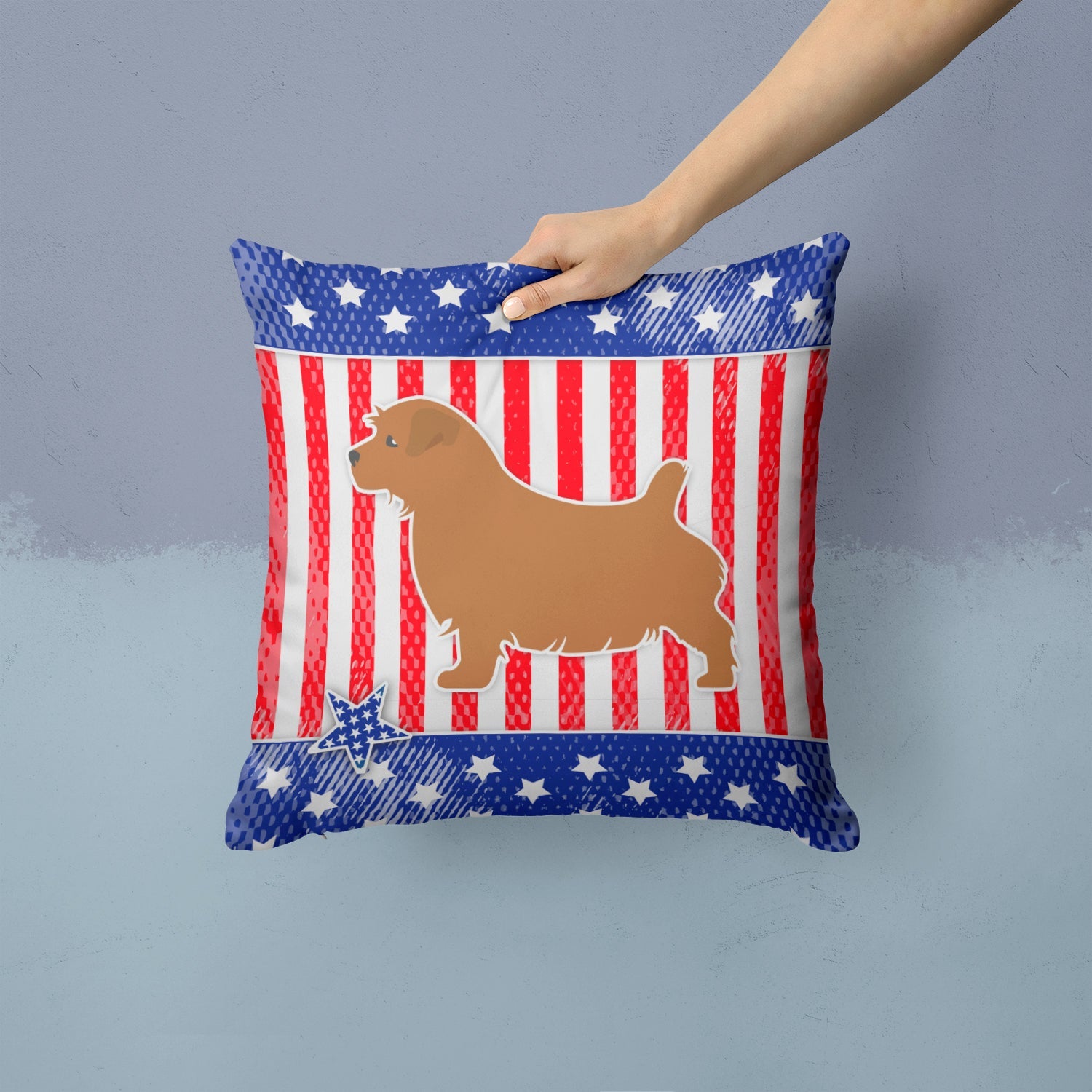 USA Patriotic Norfolk Terrier Decorative Throw Pillow 14x14 Indoor Outdoor Accent Cushion, Fabric Cover with Insert for Sofa, Bed, Porch & Living Room
