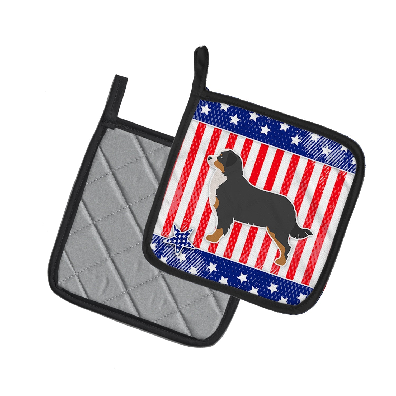 USA Patriotic Bernese Mountain Dog Pot Holder Set of 2 Heat Resistant Quilted Hot Pads 7.5 x 7.5 Inch, Insulated Kitchen Trivets for Cooking & Baking