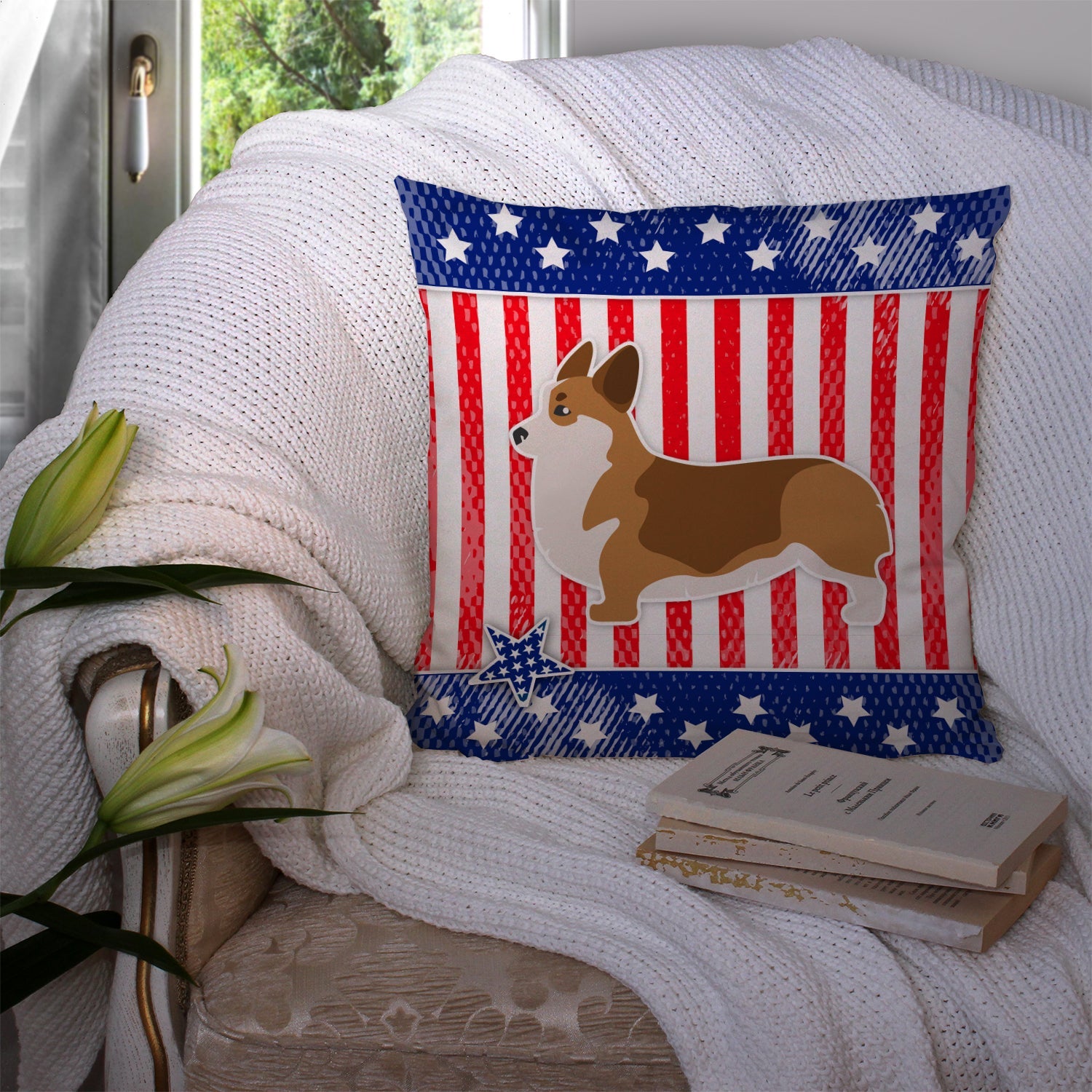 USA Patriotic Corgi Decorative Throw Pillow 14x14 Indoor Outdoor Accent Cushion, Fabric Cover with Insert for Sofa, Bed, Porch & Living Room