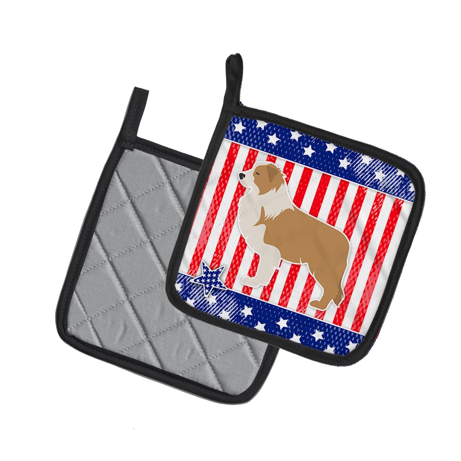 USA Patriotic Red Border Collie Pot Holder Set of 2 Heat Resistant Quilted Hot Pads 7.5 x 7.5 Inch, Insulated Kitchen Trivets for Cooking & Baking