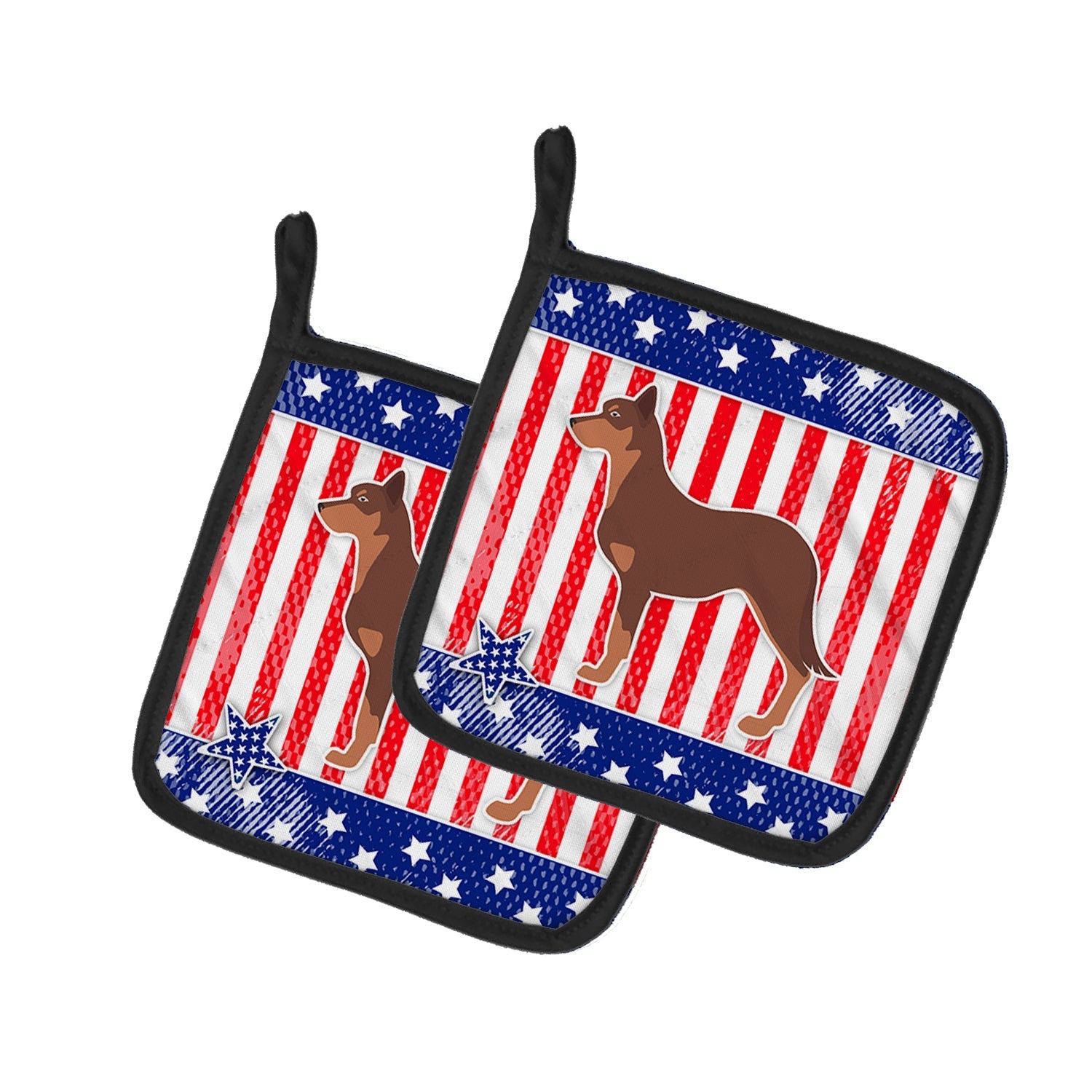 USA Patriotic Australian Kelpie Dog Pot Holder Set of 2 Heat Resistant Quilted Hot Pads 7.5 x 7.5 Inch, Insulated Kitchen Trivets for Cooking & Baking