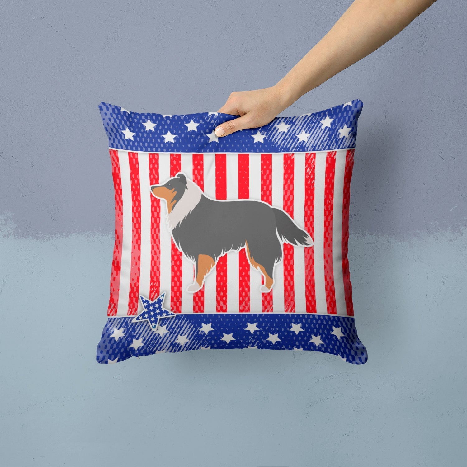 USA Patriotic Sheltie/Shetland Sheepdog Decorative Throw Pillow 14x14 Indoor Outdoor Accent Cushion, Fabric Cover with Insert for Sofa, Bed, Porch & Living Room