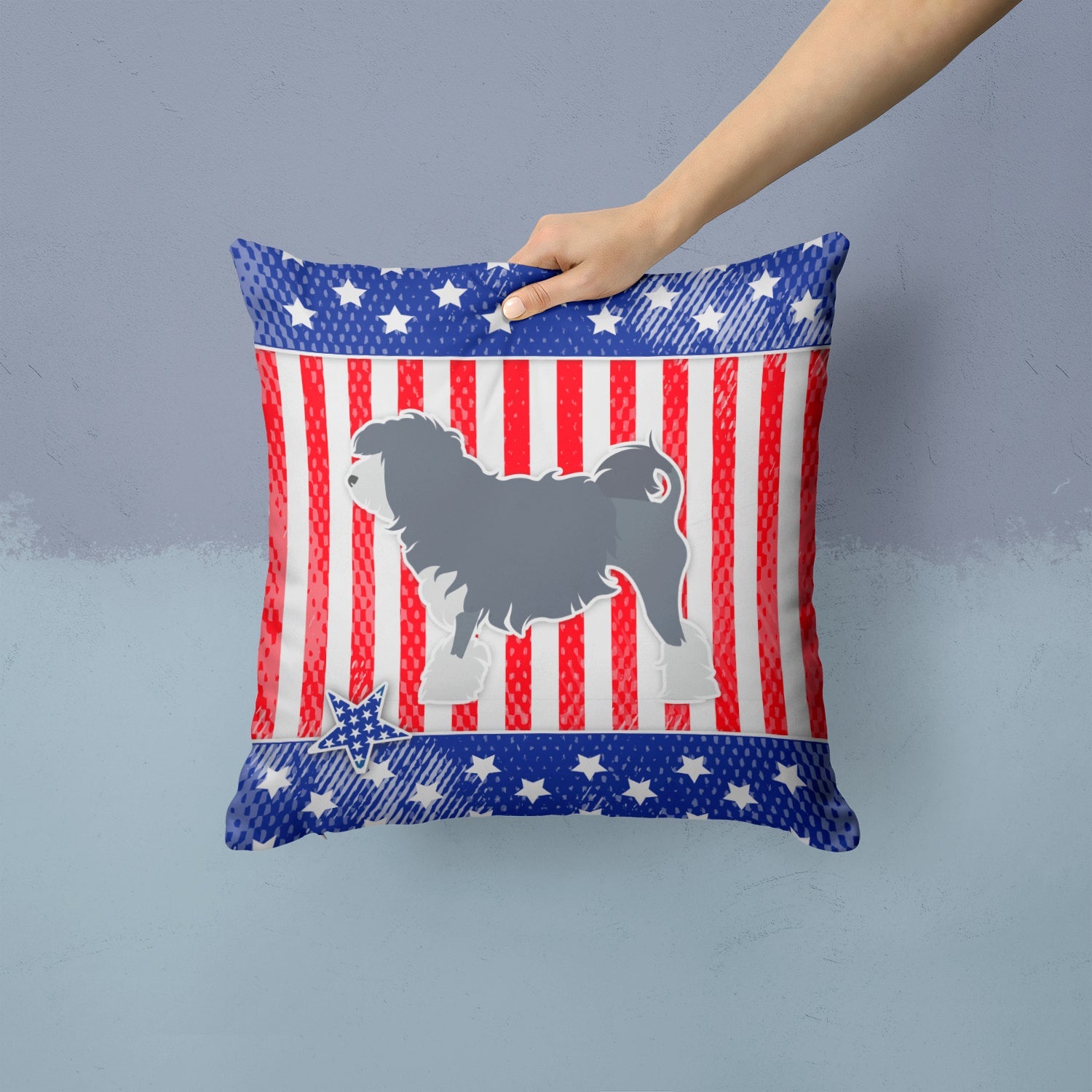 USA Patriotic Lowchen Decorative Throw Pillow 14x14 Indoor Outdoor Accent Cushion, Fabric Cover with Insert for Sofa, Bed, Porch & Living Room