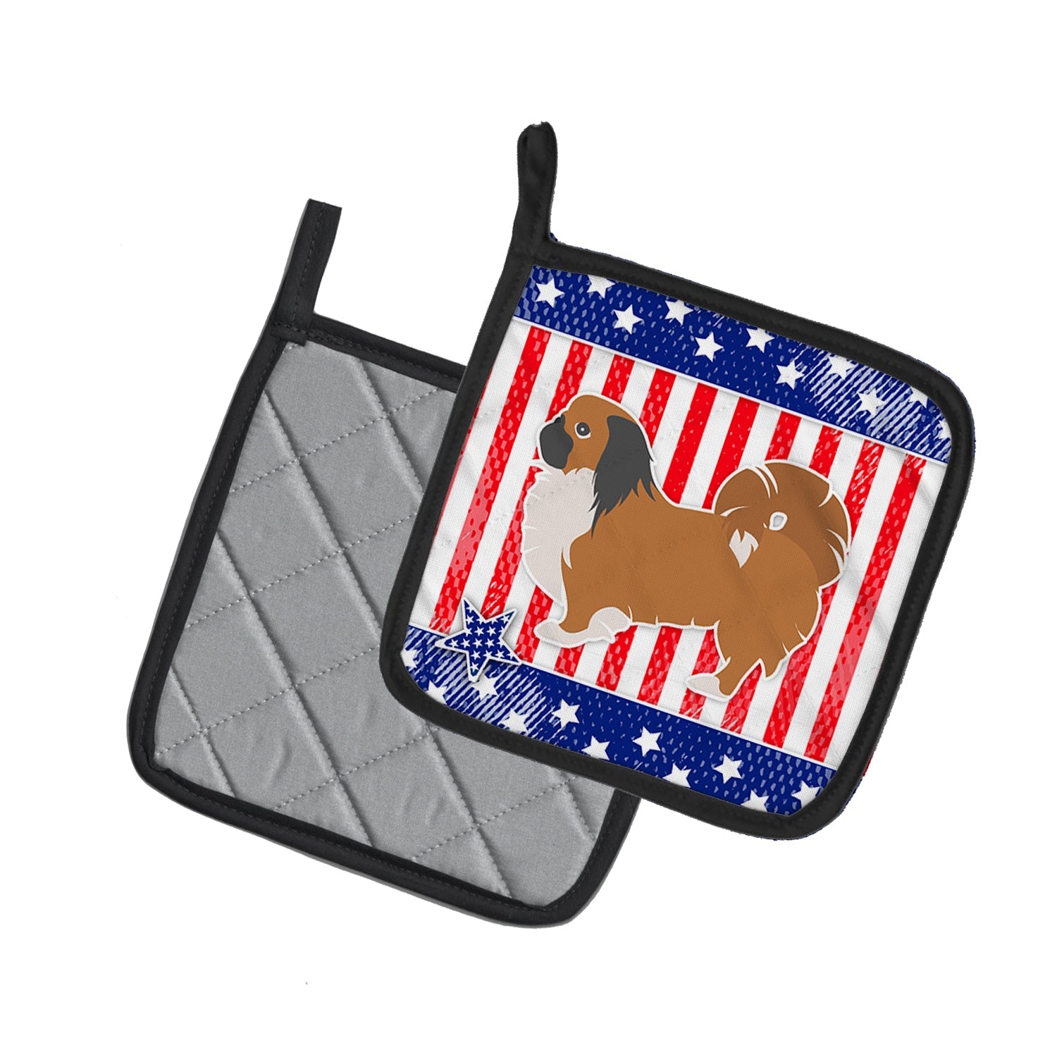 USA Patriotic Pekingese Pot Holder Set of 2 Heat Resistant Quilted Hot Pads 7.5 x 7.5 Inch, Insulated Kitchen Trivets for Cooking & Baking