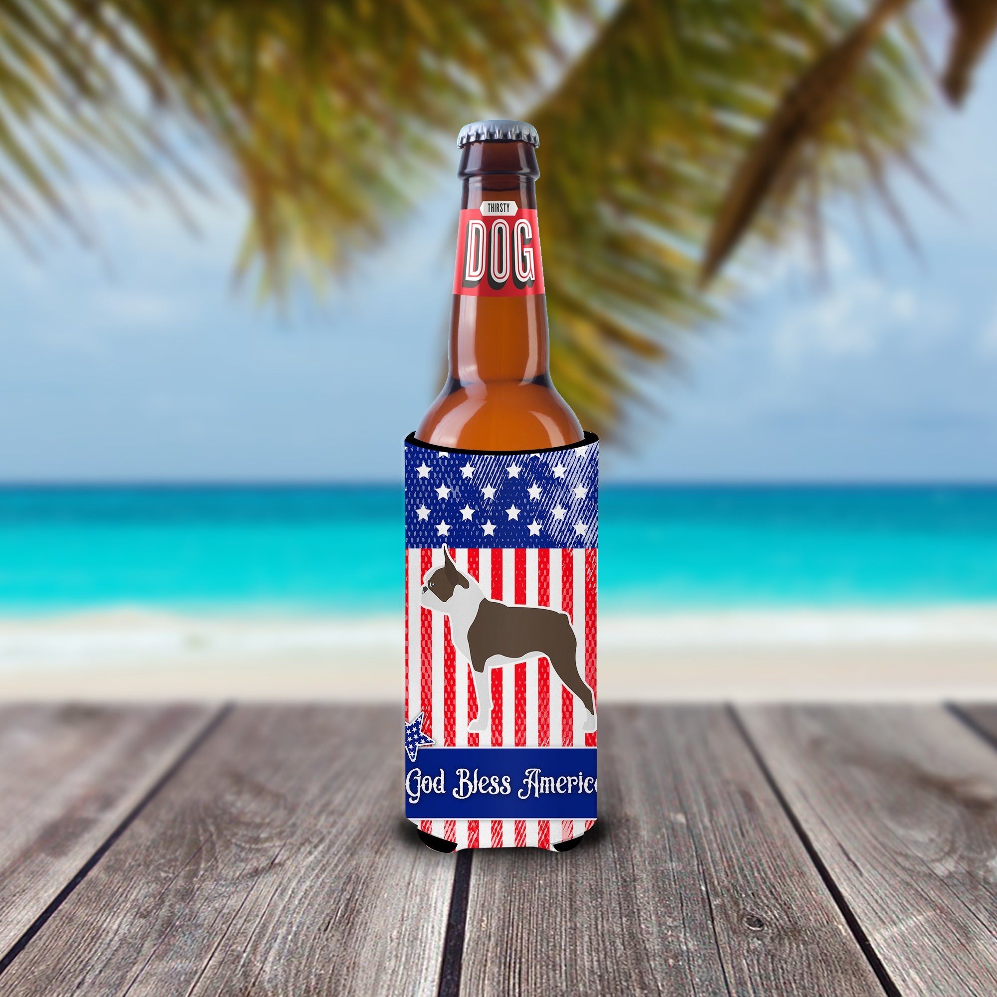 USA Patriotic Boston Terrier Slim Can Hugger , Insulated Foam Hugger for 12 oz Slim Cans, Beer Bottles & Water Bottles, Printed in USA